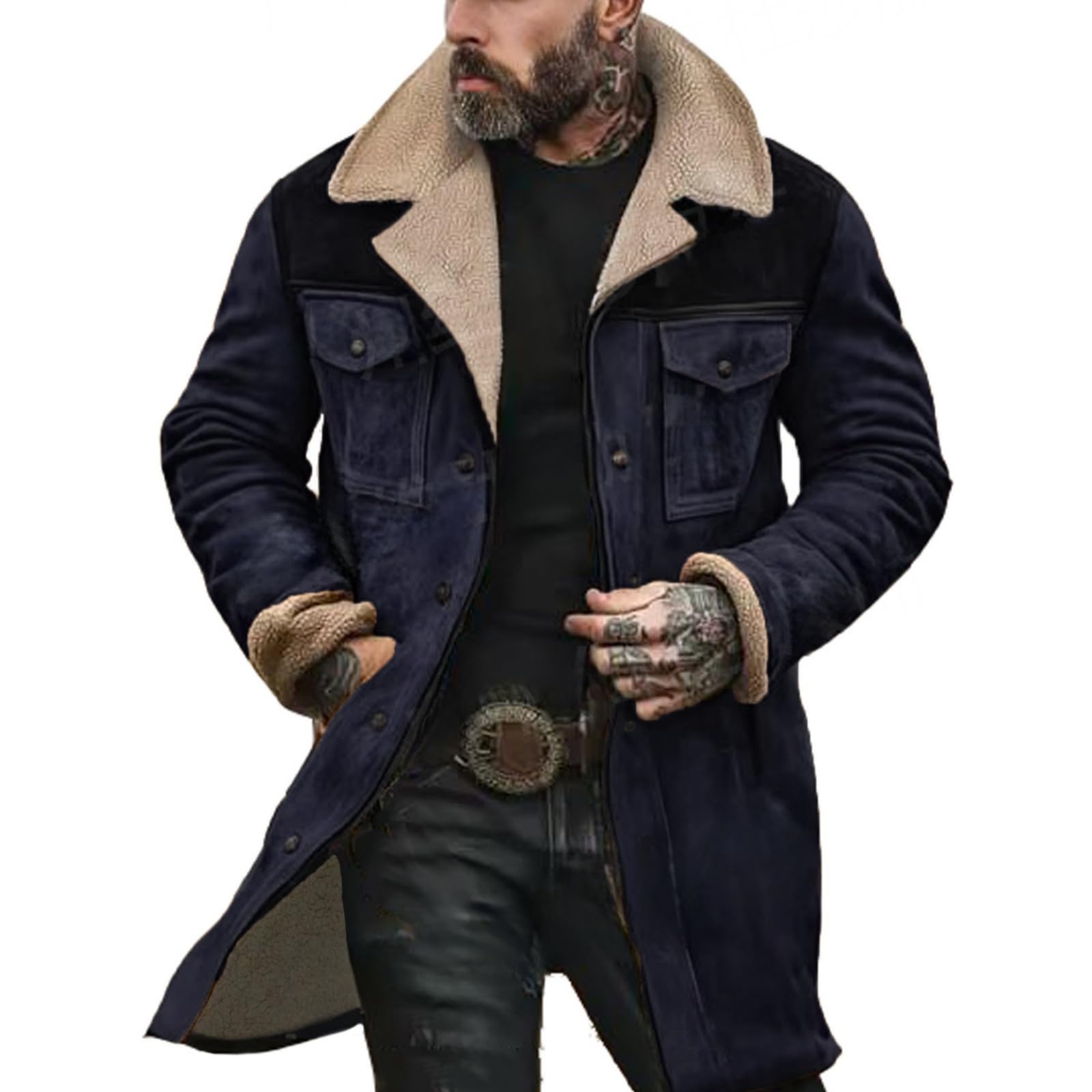 Vintage Suede Pocket Plush Reversible Collar Men's Outdoor Jacket - Western Windbreaker Coat for Hiking, Camping & Casual Wear
