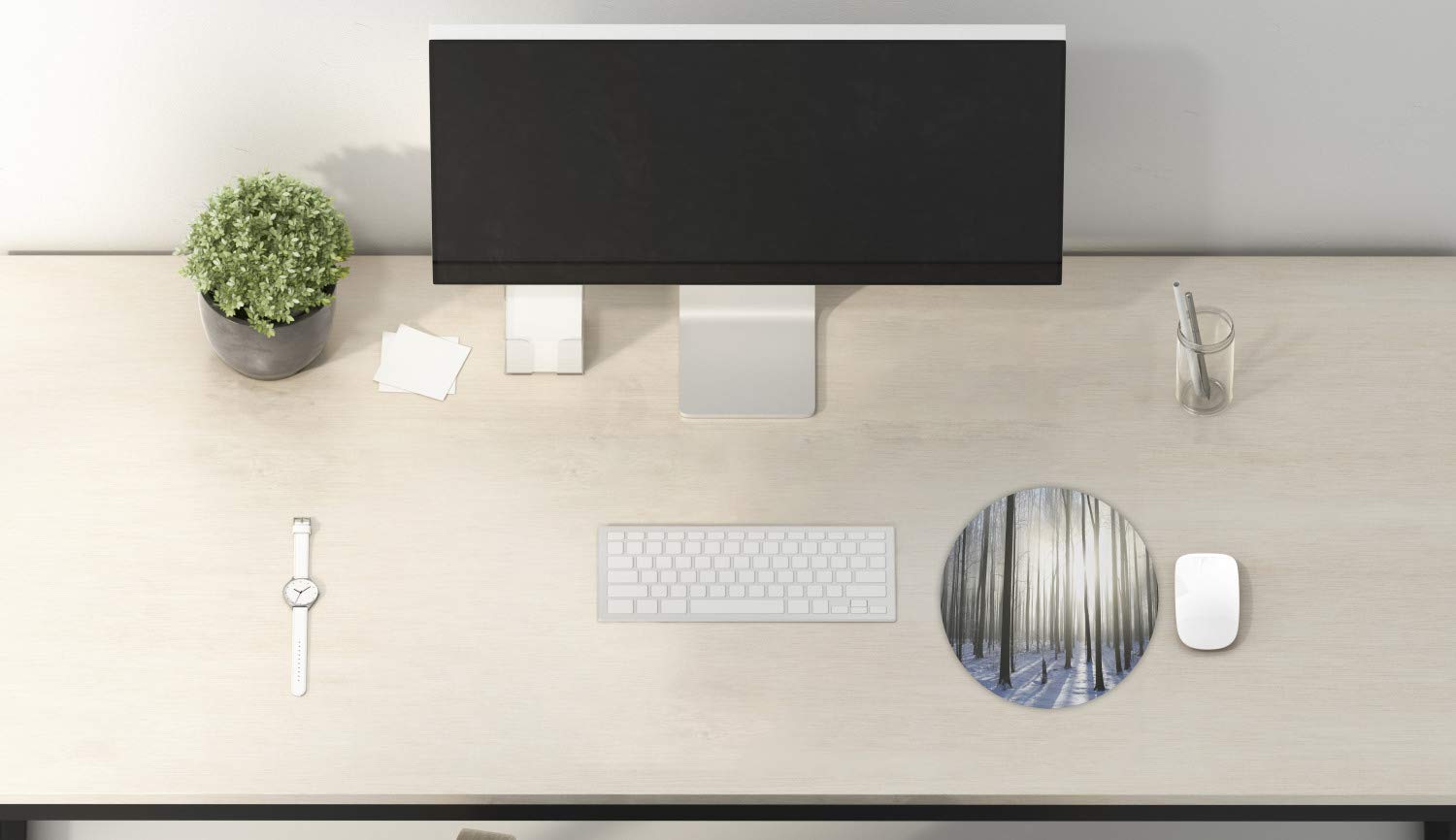 Ambesonne Round Non-Slip Rubber Gaming Mouse Pad - Winter Forest Snowy Morning Design, 8 Inch Computer Mousepad for Office & Gaming (Pale Yellow Blue-Grey) | Perfect for PC, Laptop, Home & Work Desk Accessories