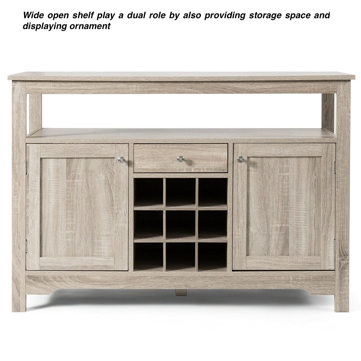 Grey Wooden Buffet Server Sideboard Console Table - 9 Wine Bottle Storage, 2 Cabinets & 1 Drawer - Kitchen Pantry Organizer for Dining Room, Living Room & Home Decor - Compact Open Shelf for Dishware, Utensils & Kitchenware Storage
