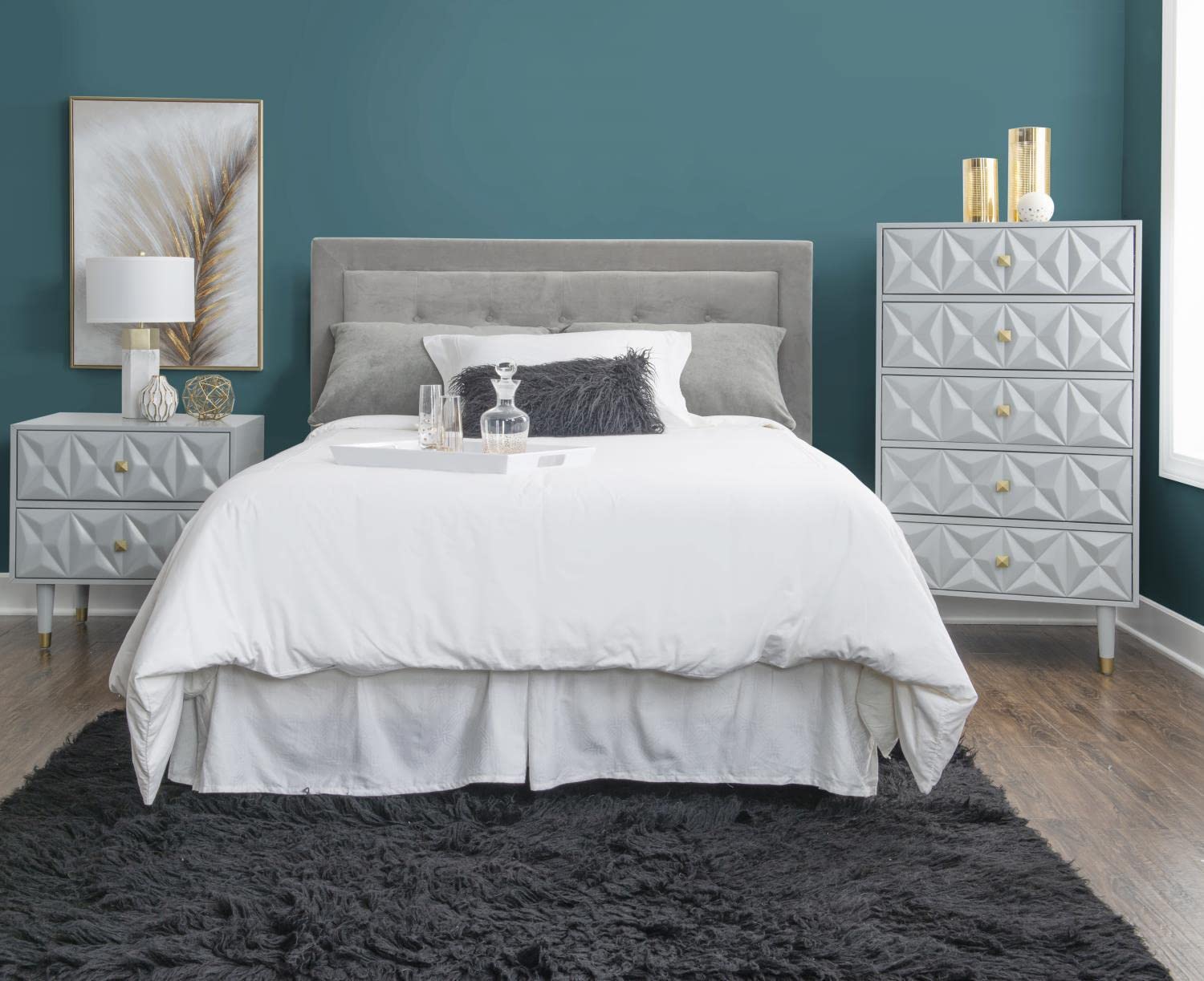 Linon Two Drawer Geo Texture Nightstand Grey - Modern Bedside Table for Bedroom, Living Room & Office - Compact Storage Solution with Sleek Design