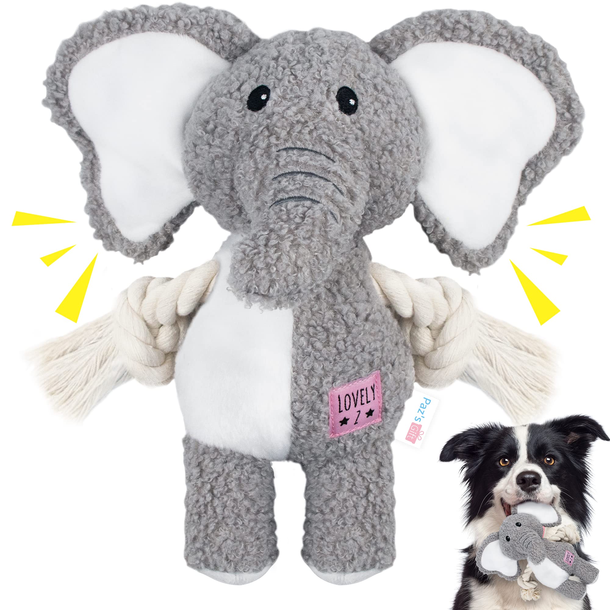 PAZ'S GIFT Cute Plush Elephant Dog Toy - Interactive Pulling, Soothing Companion for Puppies & Small/Medium Dogs - Durable Indoor Chew Toy with Squeaker - Perfect for Teething, Playtime & Anxiety Relief