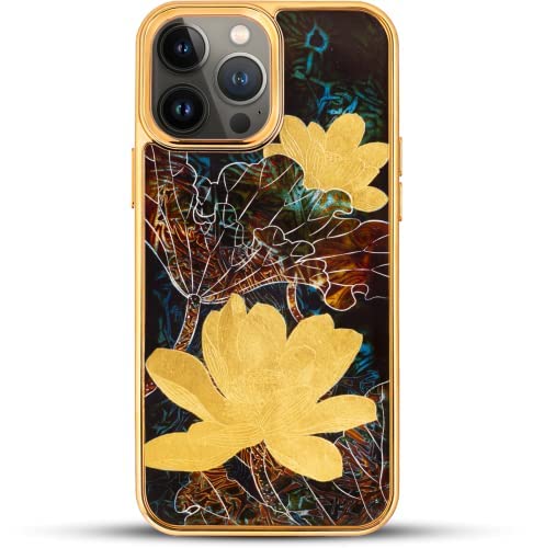 Premium Handcrafted Lacquer iPhone 13 Pro Max Case with 24K Gold Details - Golden Lotus in Jade Design + Tempered Glass Screen Protector & Aluminum Lens Cover (Luxury Gold) - Perfect for Business Meetings, Special Occasions & Gift Giving