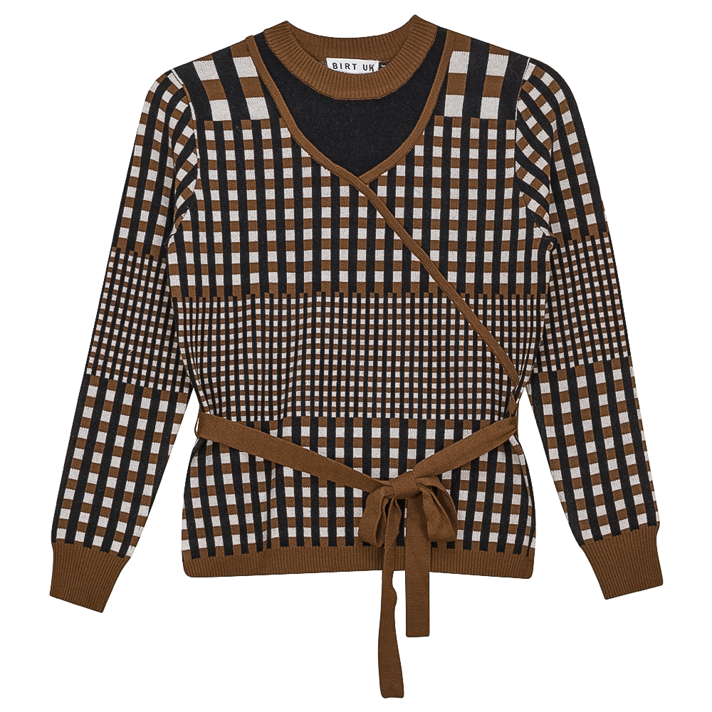 Checker Wrap Knit Mock Neck Sweater for Women - Cozy Winter Pullover with Button Detail - Perfect for Casual Outfits, Office Wear & Holiday Gatherings