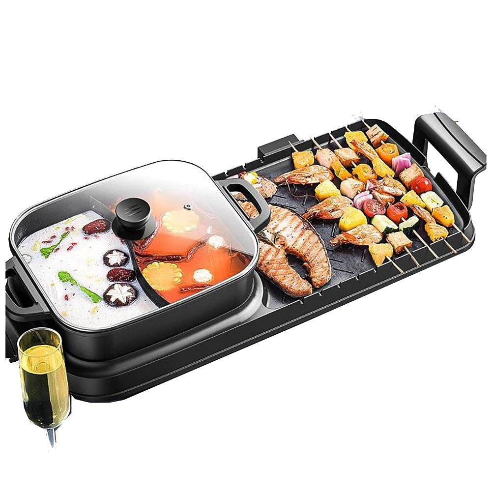 2 in 1 Electric Grill and Hot Pot with Divider - Dual Temperature Control for Korean BBQ, Teppanyaki & Shabu Shabu | Indoor Multi-Cooker for 2-12 People | Perfect for Family Gatherings, Parties & Home Cooking (Black)