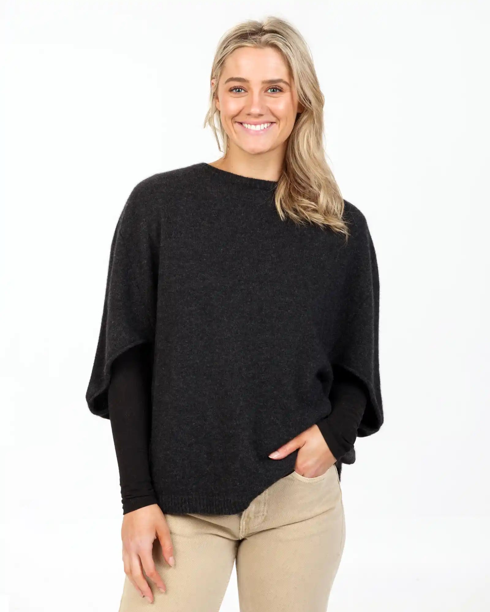 Charcoal Poncho Tunic in Possum Merino Wool - Soft & Warm Women's Oversized Sweater - Perfect for Fall & Winter Layering, Outdoor Activities & Cozy Home Wear | NB868