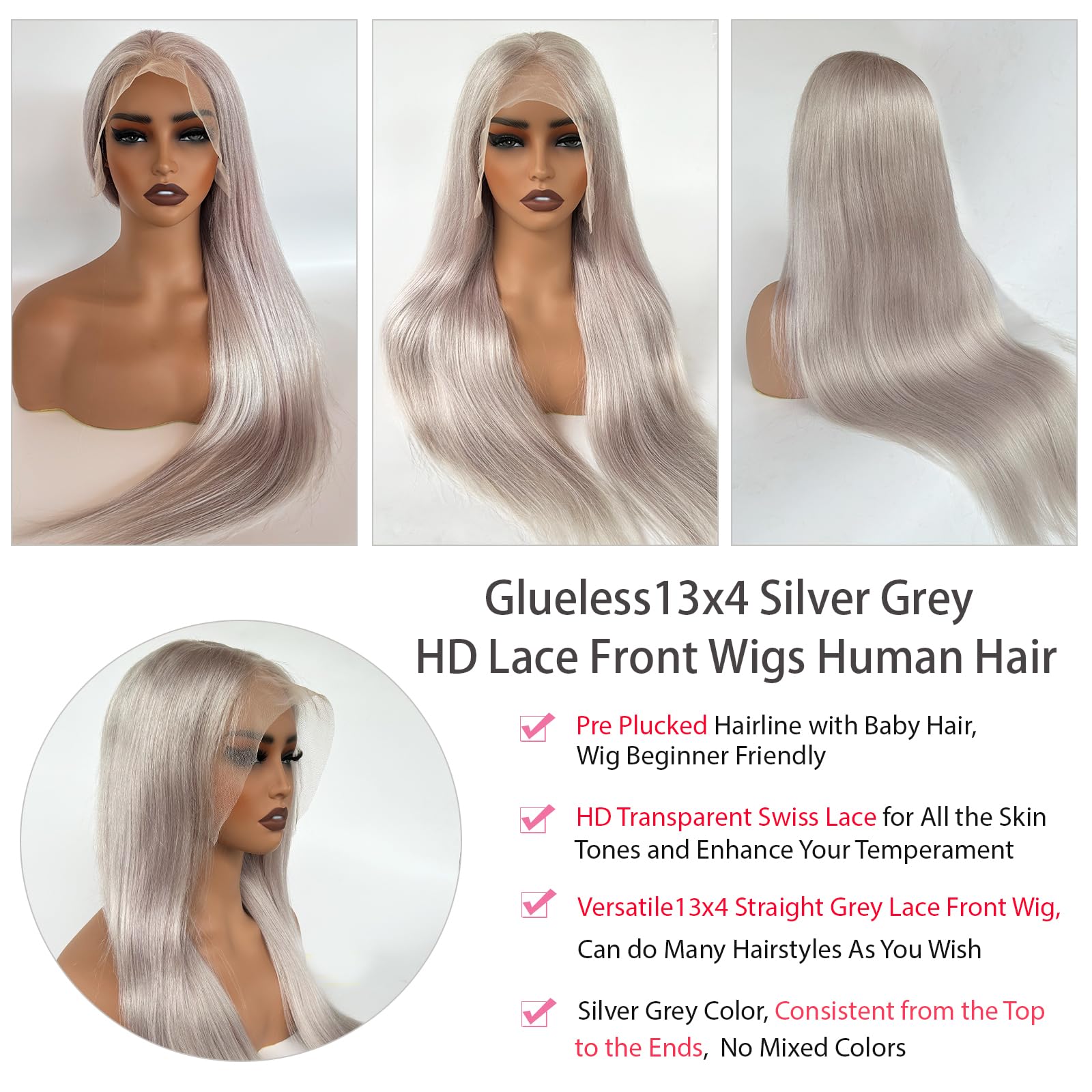 13x4 HD Lace Front Wigs Human Hair - Silky Straight Glueless Gray Human Hair Wig 30 Inch Long Layered with Pre-Plucked Hairline - Natural Silver Grey Frontal Wigs for Women 180% Density - Perfect for Daily Wear, Cosplay, and Special Occasions