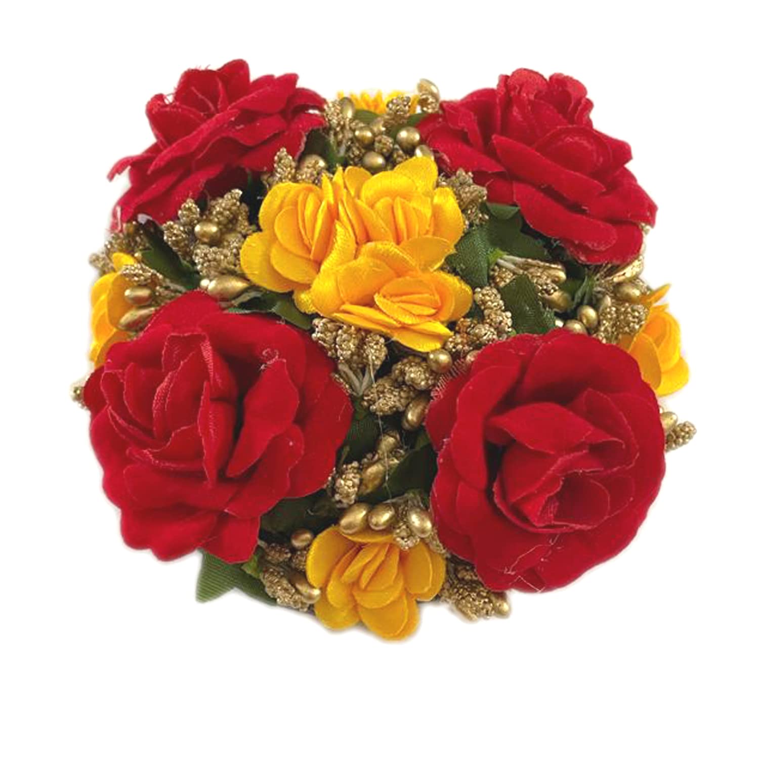 GuruEmbelish Artificial Flower Hair Bun Gajra - Bridal Hair Styling Accessories for Women & Girls (Pack of 1, Yellow & Red) - Perfect for Weddings, Parties & Festive Occasions