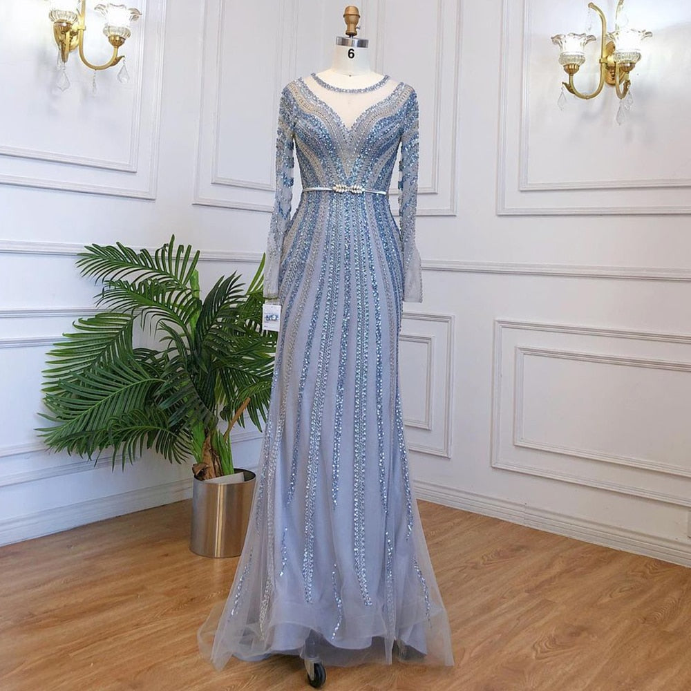 Luxury Muslim Blue Evening Dresses for Women - Elegant Beaded Mermaid Gown 2025 | Perfect for Weddings, Parties & Special Occasions