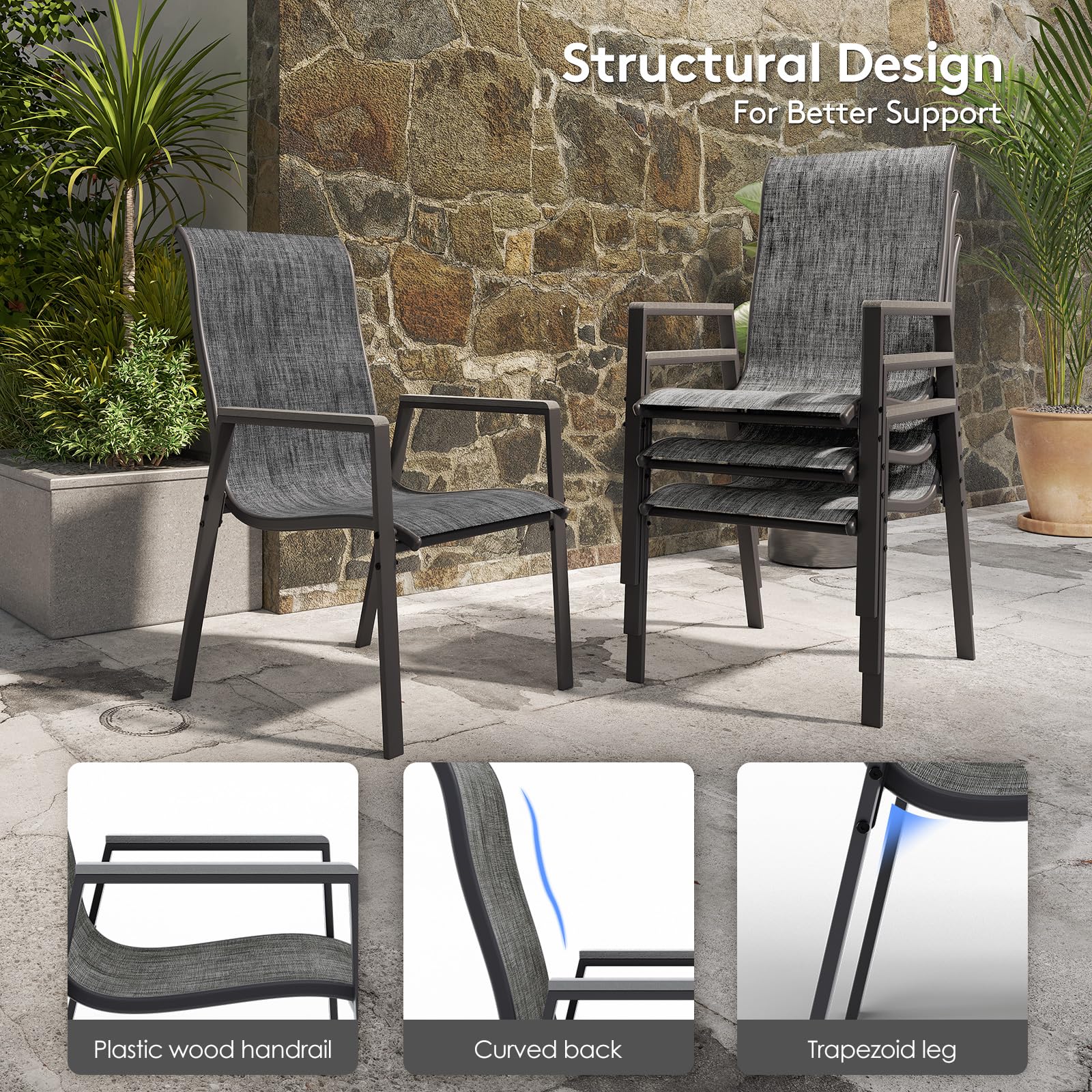 Amopatio 4-Piece Patio Dining Chairs Set - All-Weather Outdoor Stackable Chairs with High Back, Breathable Seat & Sturdy Metal Frame - Perfect for Backyard, Porch, Garden, Lawn or Poolside (Dark Grey)