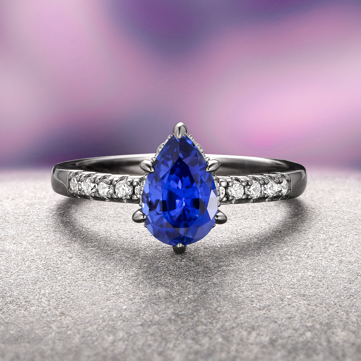 Art Deco Blue Sapphire Ring Set in Black Ruthenium - Vintage Style Jewelry for Women, Elegant Engagement & Wedding Gift - Perfect for Evening Parties, Anniversaries and Special Occasions