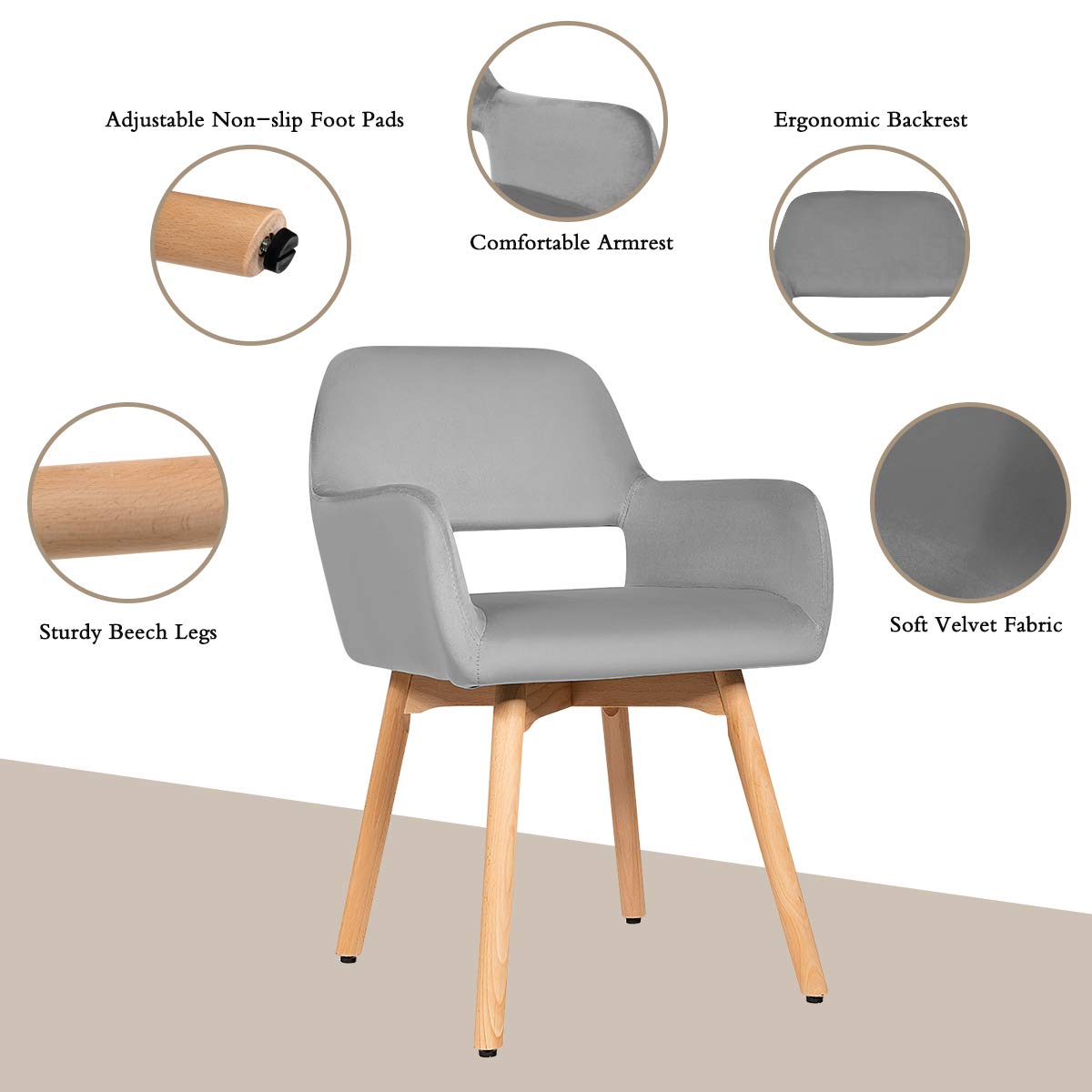 Giantex Set of 2 Velvet Dining Chairs with Wood Legs - Modern Accent Chairs for Living Room, Bedroom & Dining Room - Non-Slip Foot Pads & X-Shaped Support - Comfortable Cute Armchair (Light Grey) - Perfect for Small Spaces, Apartments & Home Decor