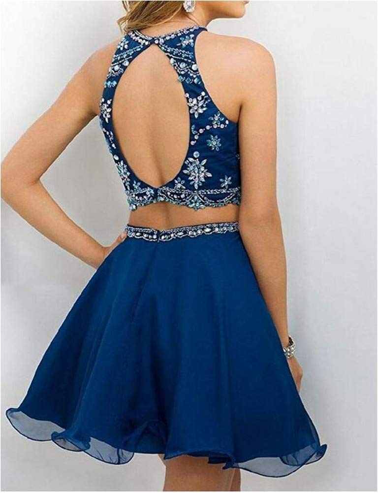 Emanni Women's Two-Piece Crystal Beaded Halter Homecoming Dress - Elegant Party Gown for Prom, Evening Gala & Special Occasions