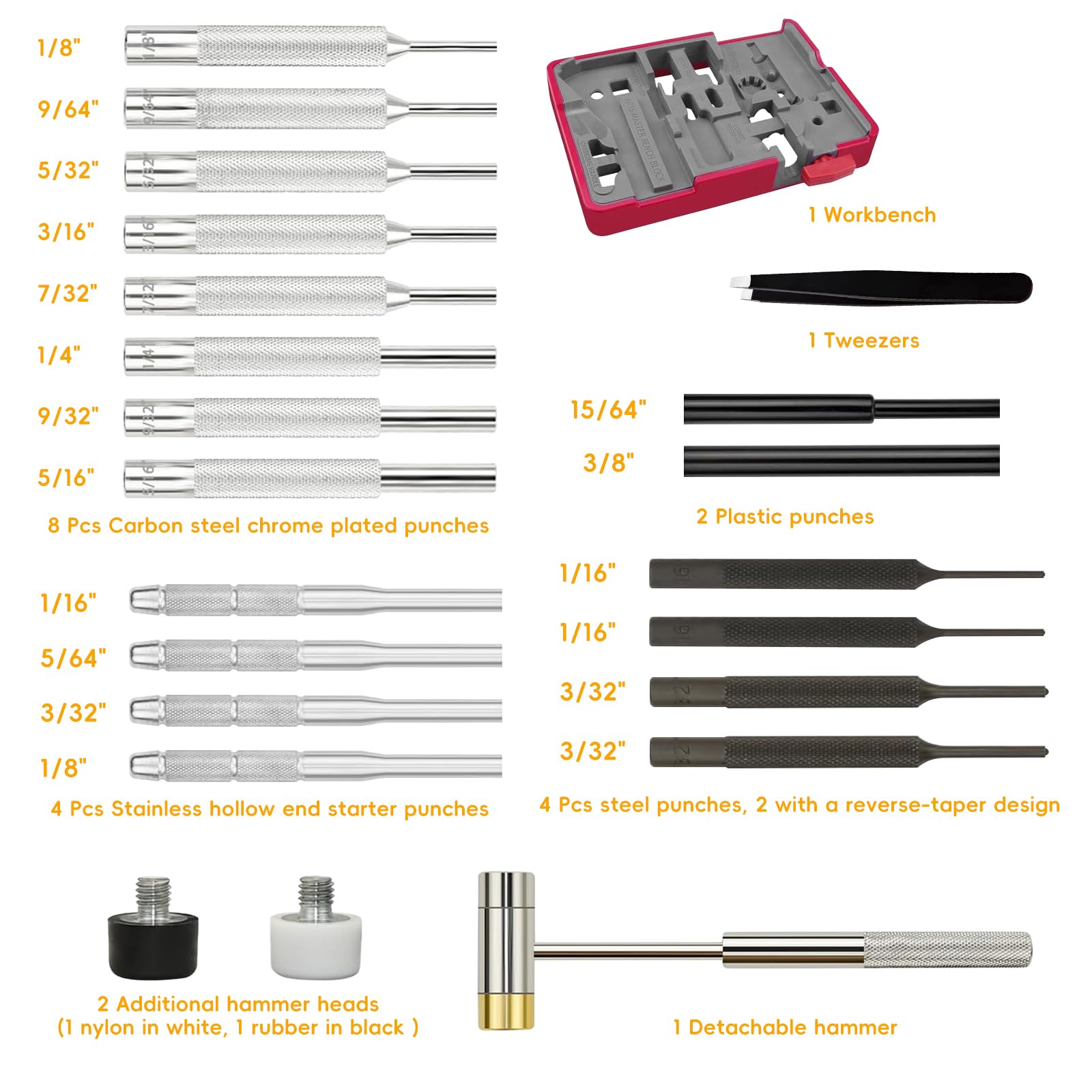 Professional Heavy-Duty Pin Punch Set - 12-Piece Roll Pin Punch Tool Kit with Organizer Storage Box | Precision Bench Block & Durable Metal Construction | Ideal for Mechanical Repairs, Gunsmithing & Automotive Maintenance