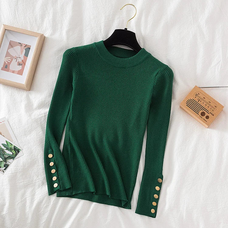 Thick Buttoned Long Sleeve O-Neck Sweater for Women - Cozy Winter Pullover for Casual Outfits & Office Wear