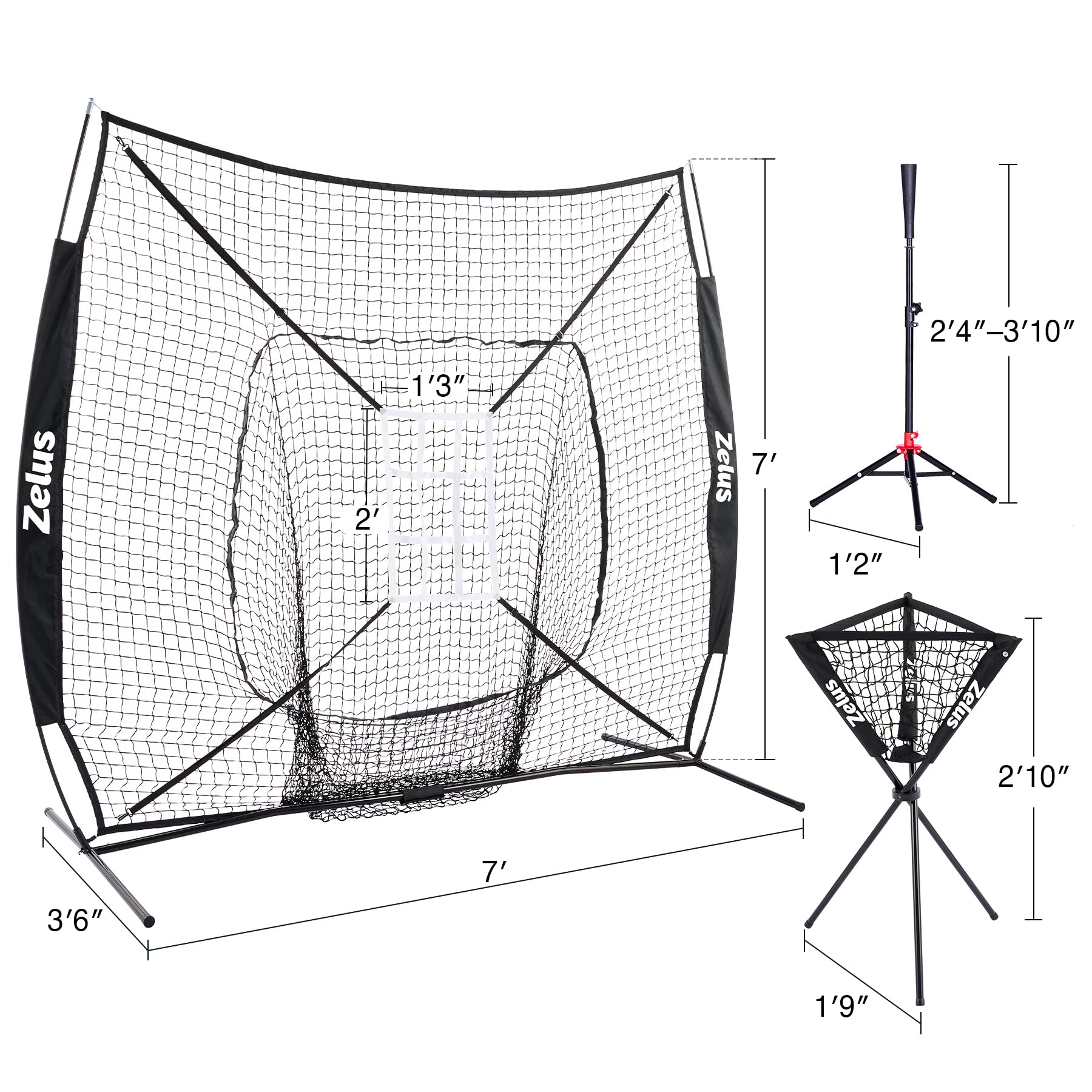 ZELUS 5x5ft & 7x7ft Baseball Practice Net with Tee - Portable Hitting & Pitching Training Net for Indoor/Outdoor Use - Includes Carry Bag, Ball Caddy & Baseballs - Perfect for Backyard, Field & Batting Cage Practice