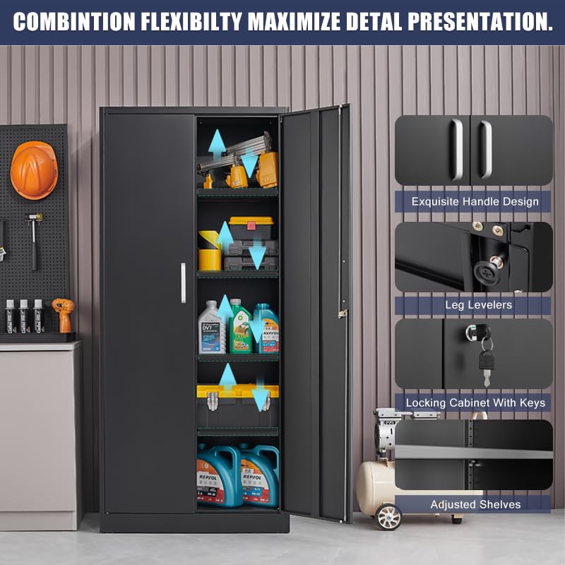 Heavy-Duty Black Metal Storage Cabinet with 2 Lockable Doors & Adjustable Shelves - 71