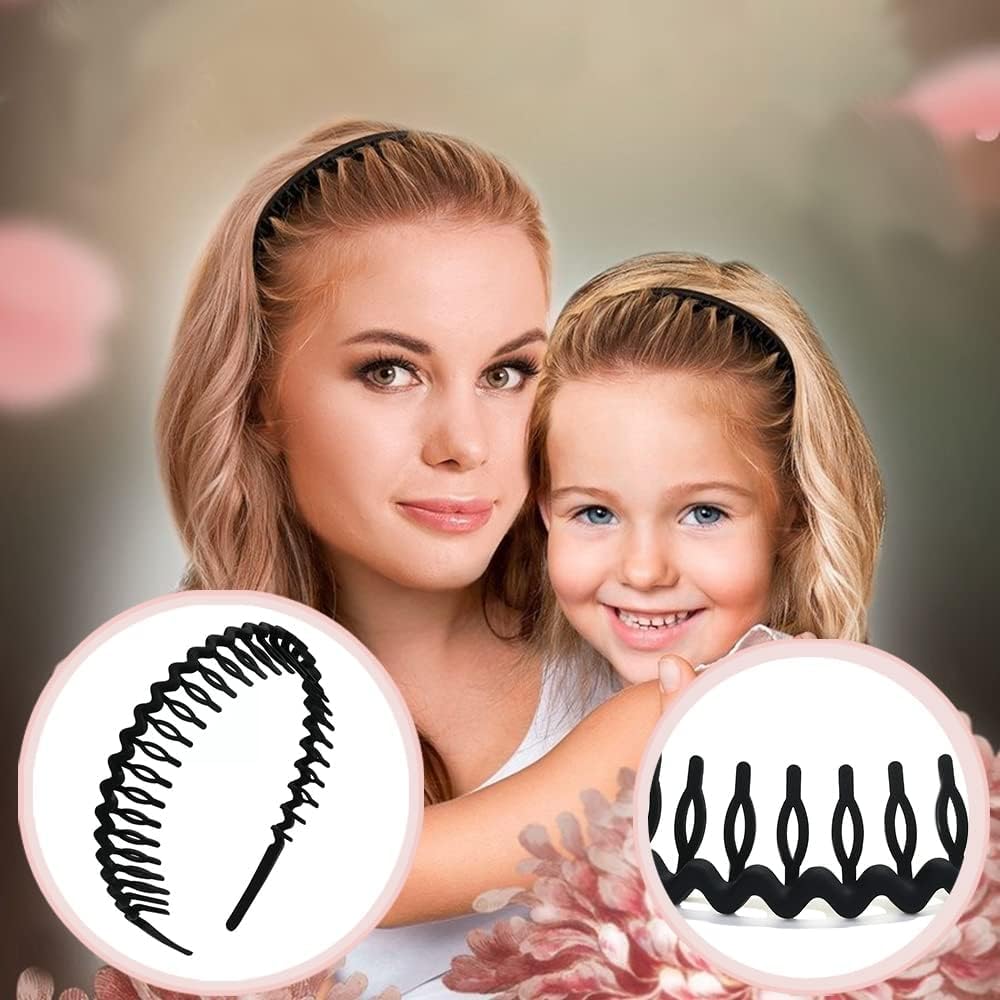8 PCS Non-Slip Plastic Headbands with Teeth Comb - Matte Black Skinny Hair Bands for Women, Men & Teens - Perfect for Workouts, Sports and Everyday Styling