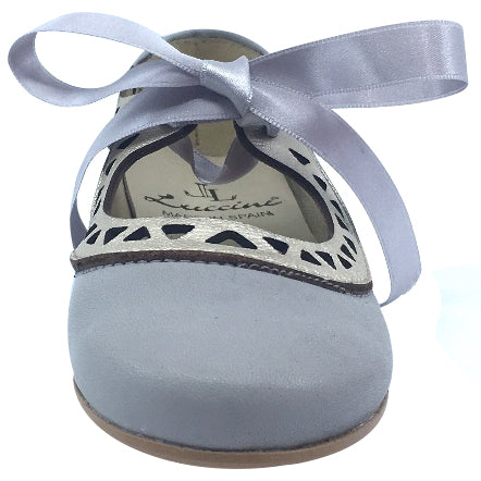 Luccini Grey Leather Bow Tie Flats with Gold Trim - Elegant Women's Dress Shoes for Weddings, Parties & Formal Events