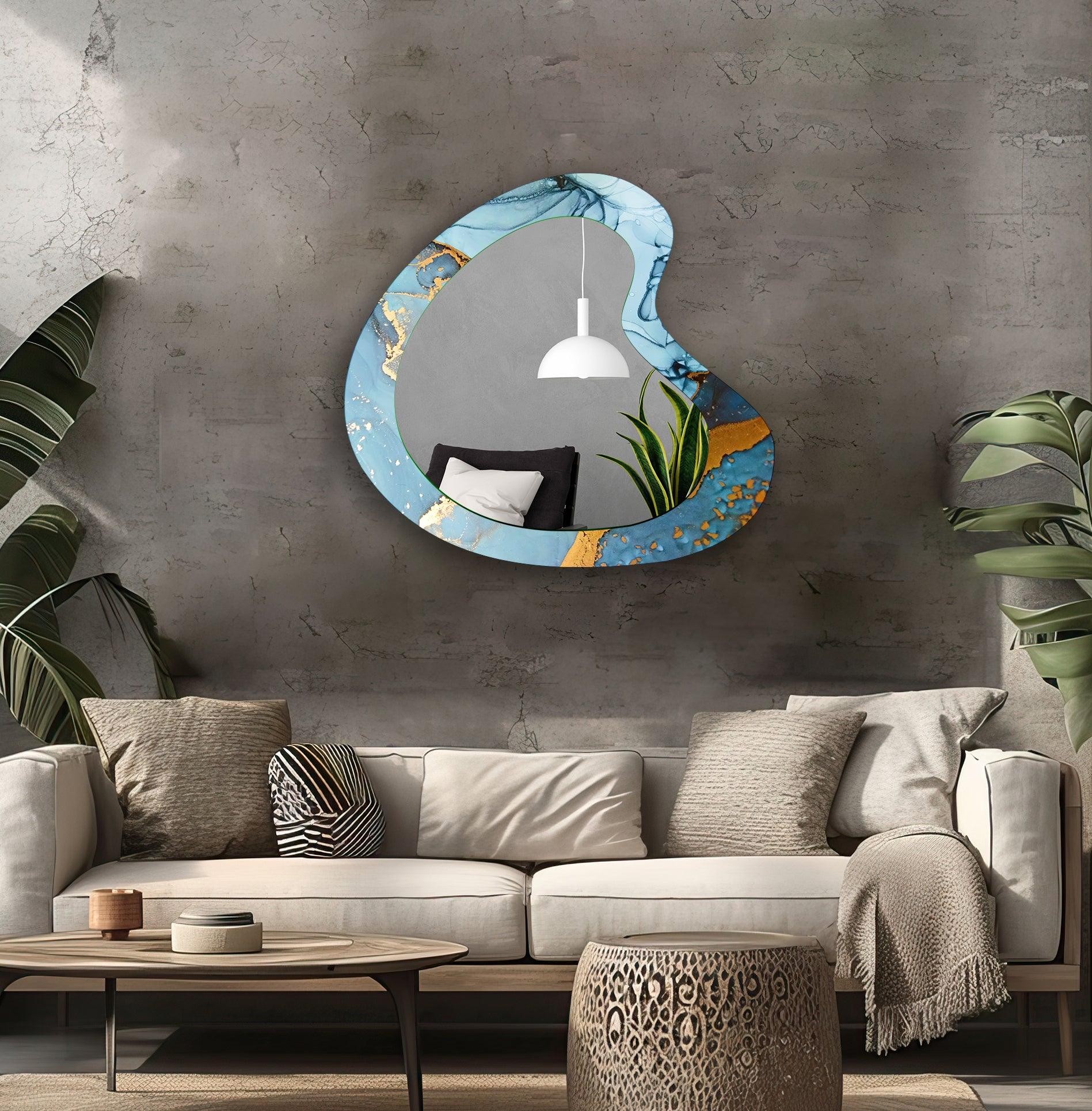 Blue & Gold Alcohol Ink Wall Mirror - Handmade Aesthetic Decorative Mirror for Home, Office & Gifts - Perfect for Living Room, Bedroom & Bathroom Decor