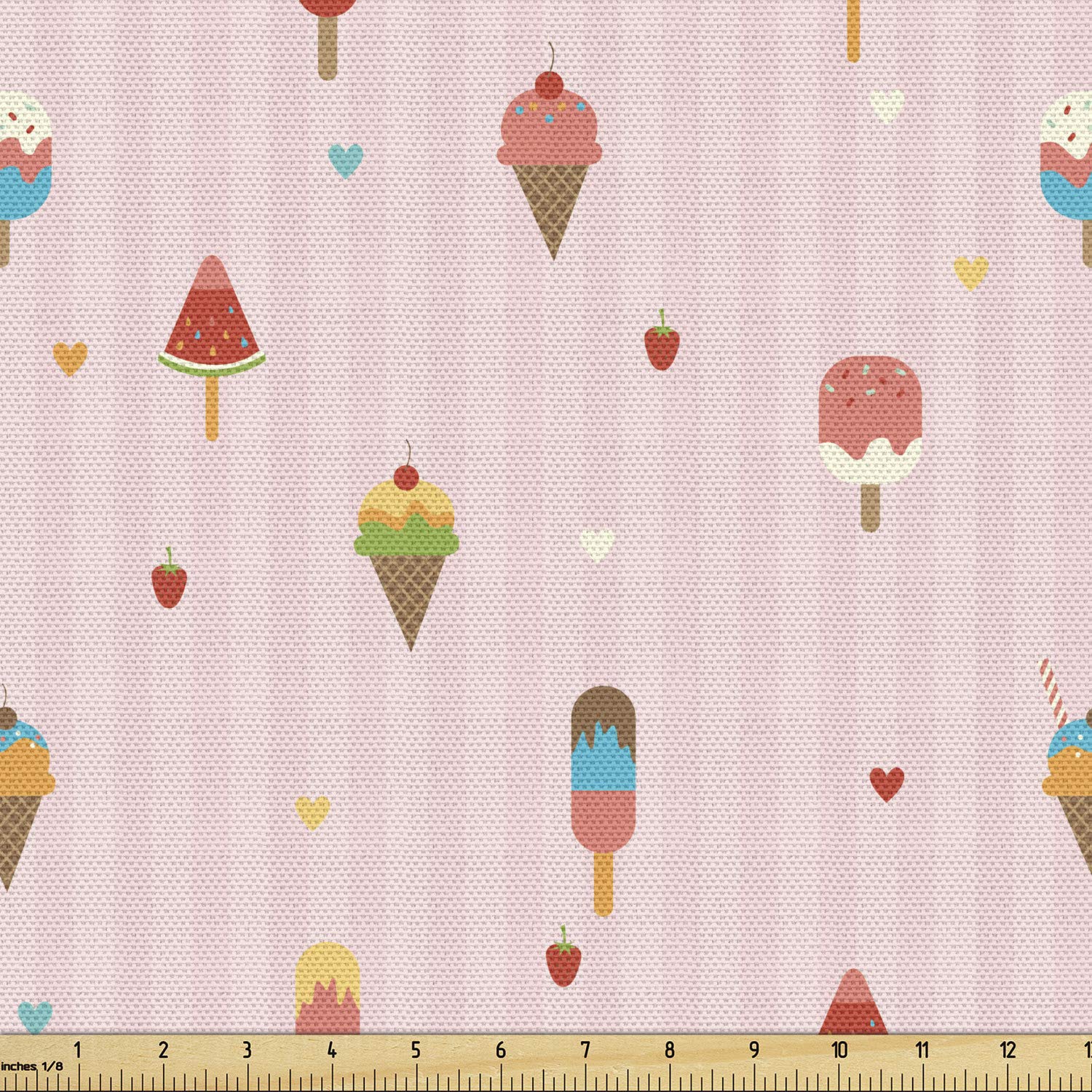 Ambesonne Ice Cream Print Fabric by The Yard - Pastel Pink Striped Cotton with Hearts & Toppings for DIY Upholstery, Curtains, Home Decor (2 Yards, Multicolor) | Perfect for Bedroom, Nursery & Party Backdrops