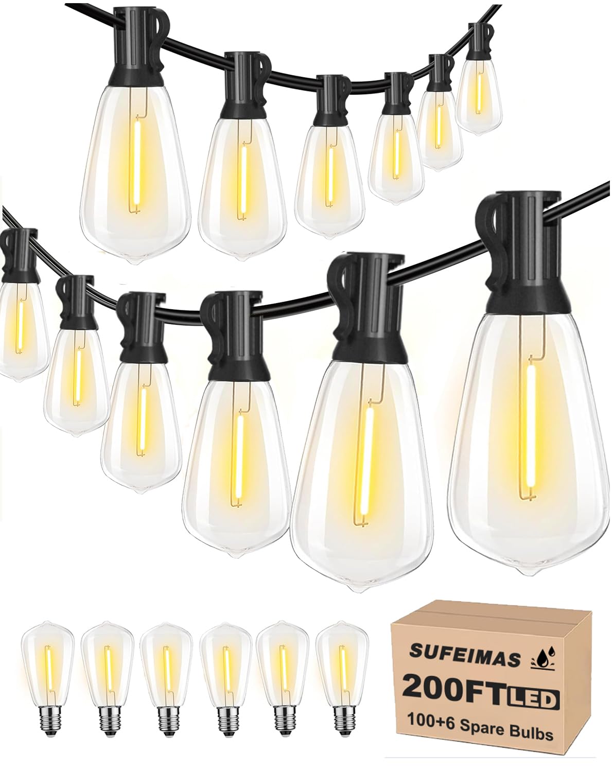 SUFEIMAS 200FT Outdoor String Lights - 2 Pack 100FT Waterproof LED Patio Lights with 106 Shatterproof ST38 Vintage Edison Bulbs for Porch, Garden, Backyard, Balcony & Bistro Decor | Perfect for Weddings, Parties & Outdoor Dining