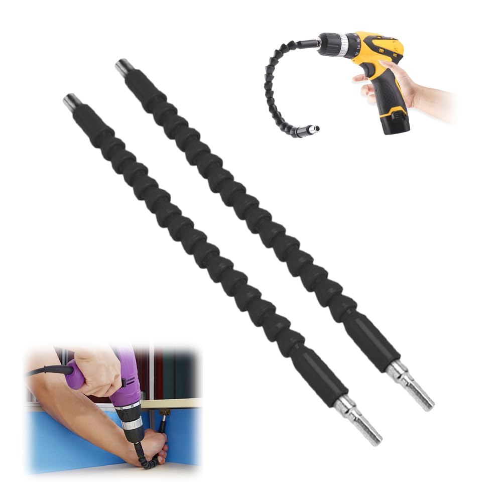 2PC Flexible Drill Bit Extension Set - 11.8 Inch Bendable Screwdriver Attachment for Tight Spaces - Black Flexible Shaft Drill Extension Kit for DIY, Home Repair & Automotive Work