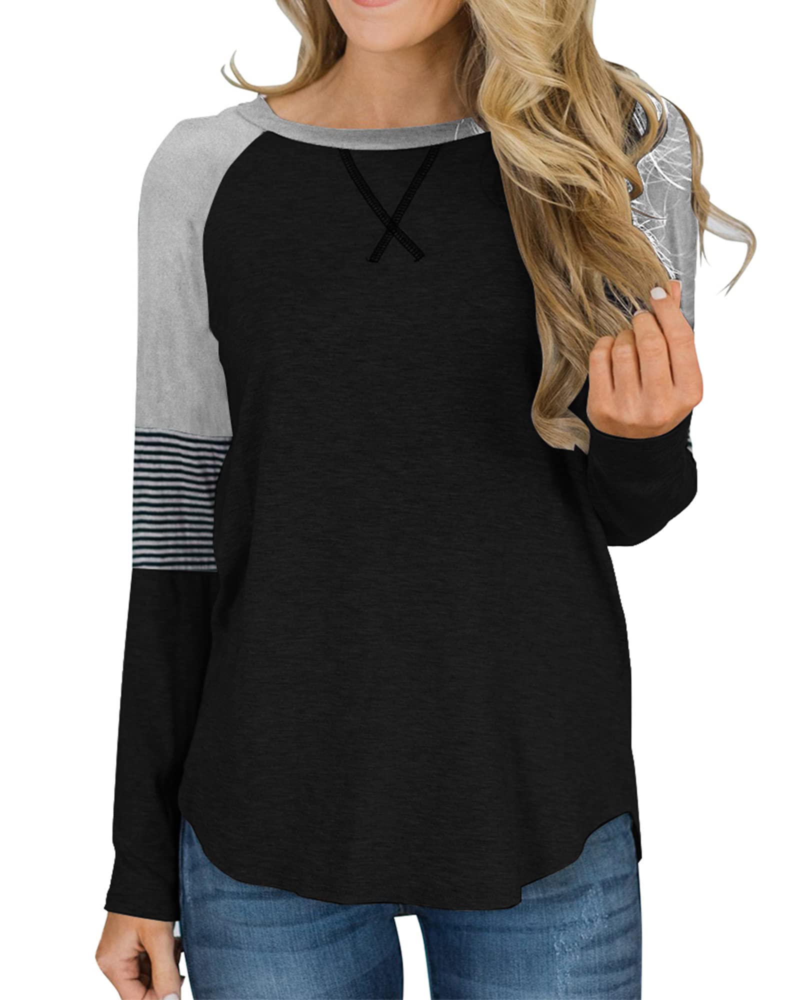 Women's Color Block Round Neck Tunic Top - Casual Long Sleeve Blouse for Work, Office & Everyday Wear | Fashionable Comfort Shirt for Fall & Winter