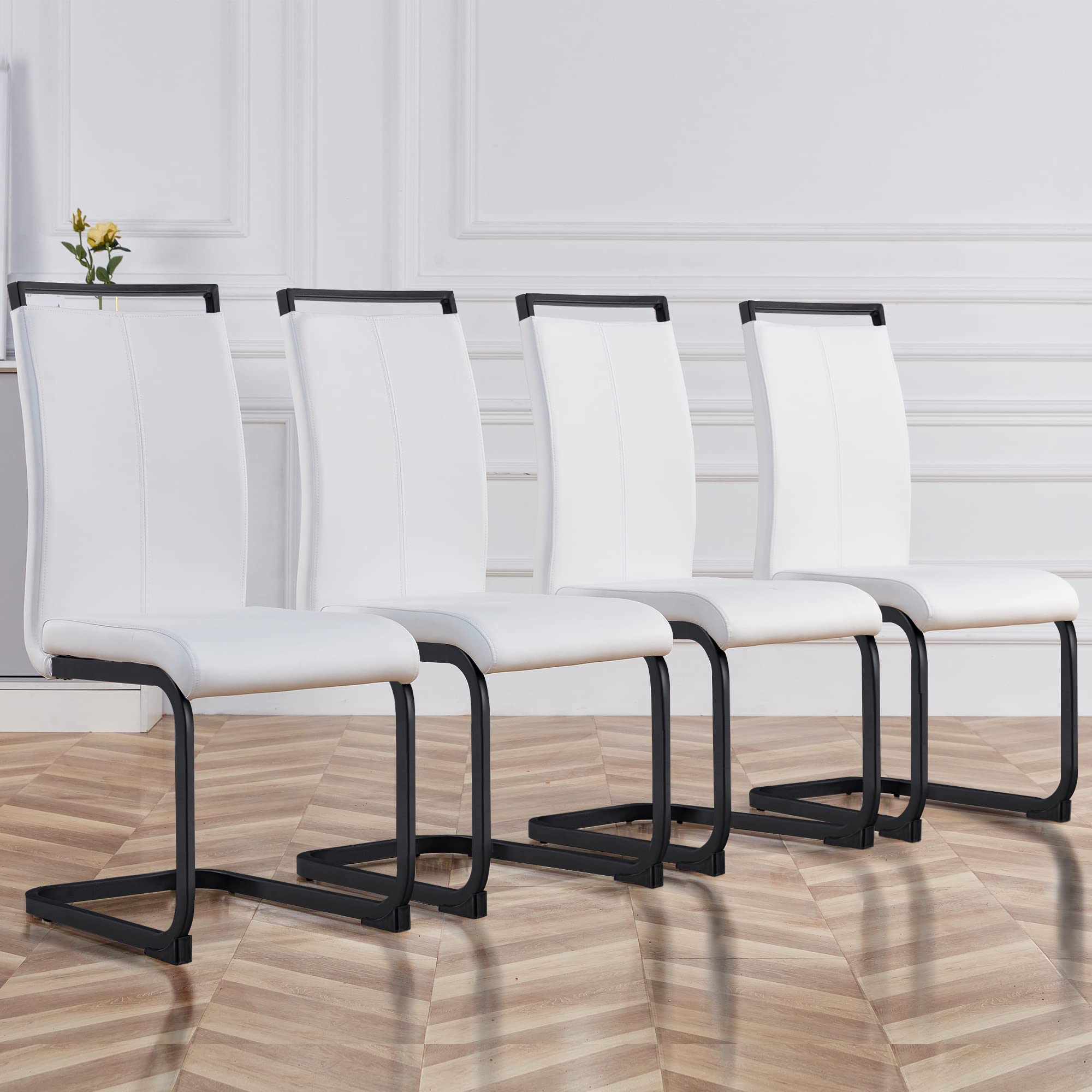 Baysitone Modern Dining Chairs Set of 4 - Black Frame Faux Leather Padded High Back Side Chairs for Kitchen, Dining Room & Living Room - Comfortable Seating for Family Meals, Entertaining Guests & Home Decor (White)