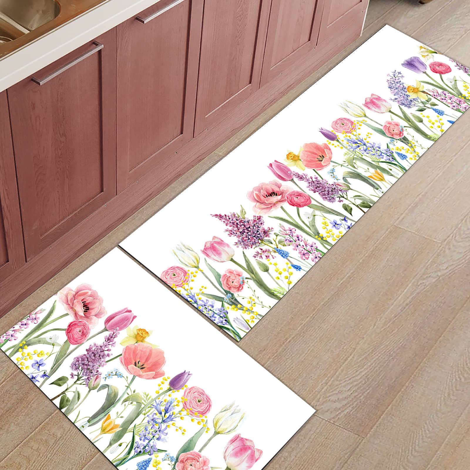 2-Pack Spring Tulip Floral Watercolor Non-Slip Kitchen Rugs - Washable Anti-Skid Floor Mats for Home (20