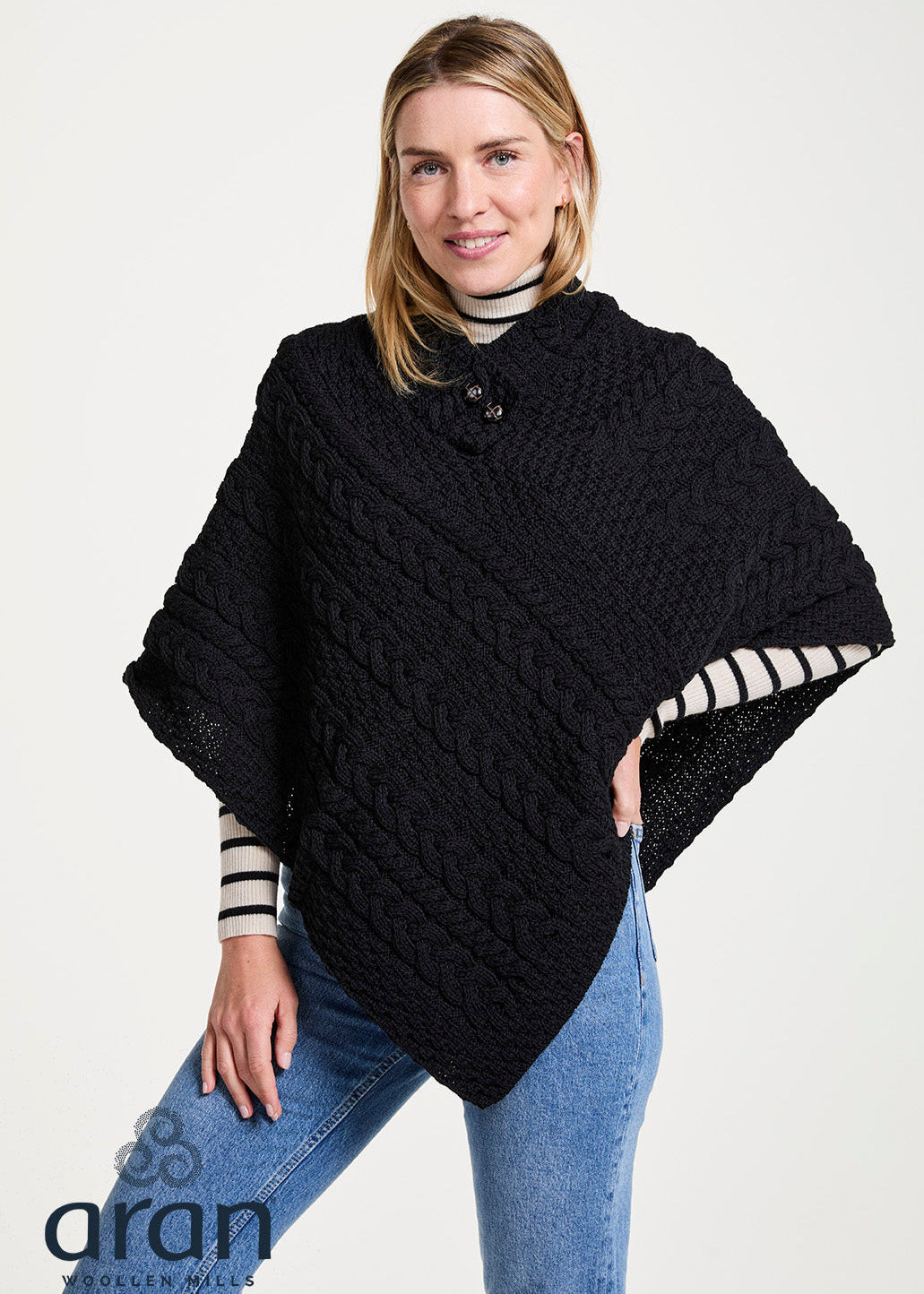 Warm Black Aran Poncho for Women - Soft Wool Knit Shawl Wrap - Perfect for Fall, Winter & Outdoor Activities
