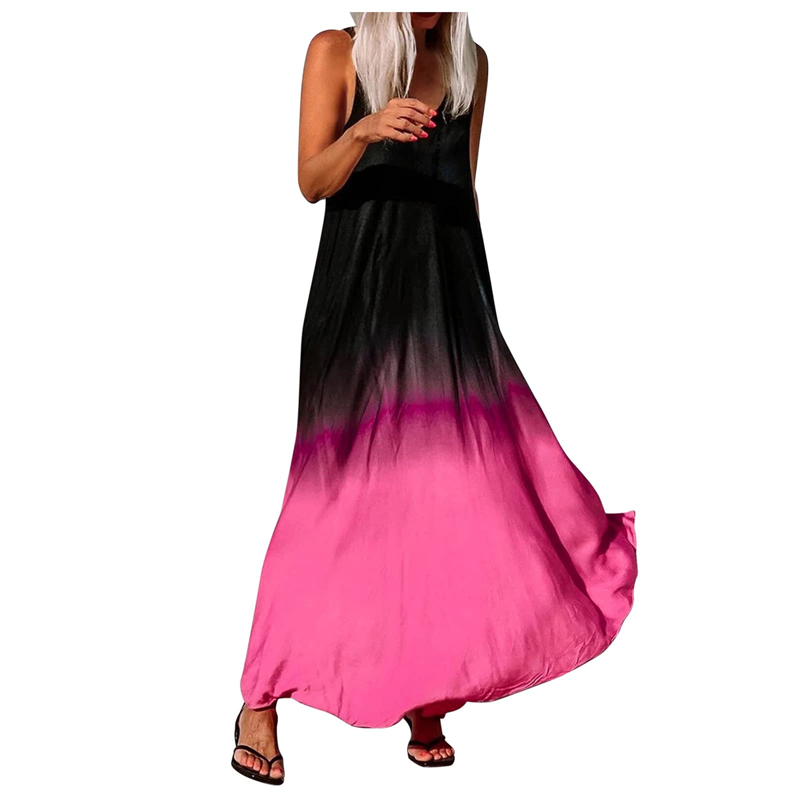 Women's Maxi Long Dress - Gradient Color Summer Casual V-Neck Sleeveless Sundress for Beach, Holiday & Vacation | Flowy Boho Chic Dress for Outdoor Parties, Date Night & Tropical Getaways