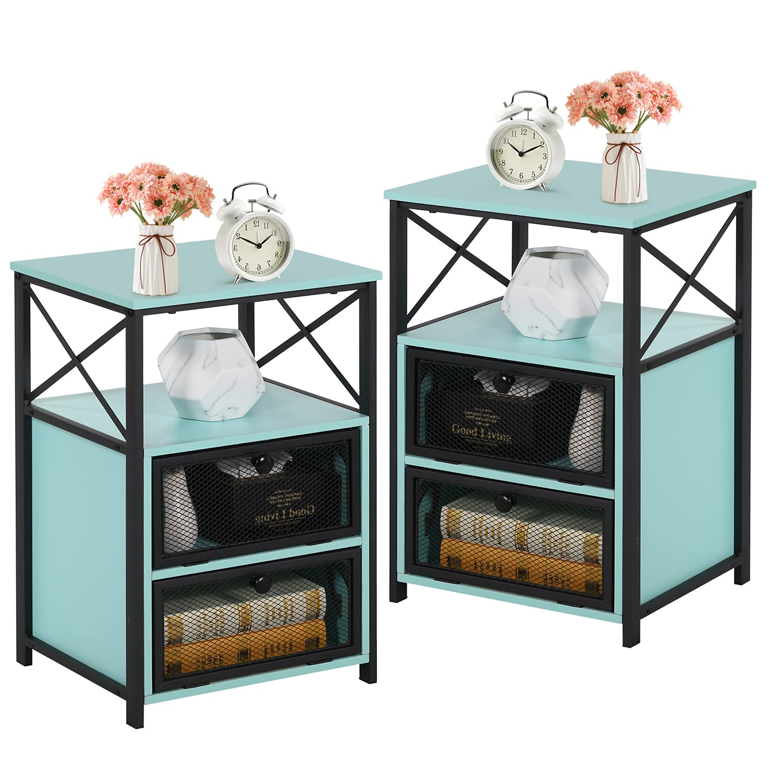 VECELO Modern Nightstand Set of 2 - Light Blue Bedside Table with Storage Drawer & Door, Multi-Functional End Table for Bedroom, Living Room, Lounge - Perfect for Small Spaces & Apartment Decor
