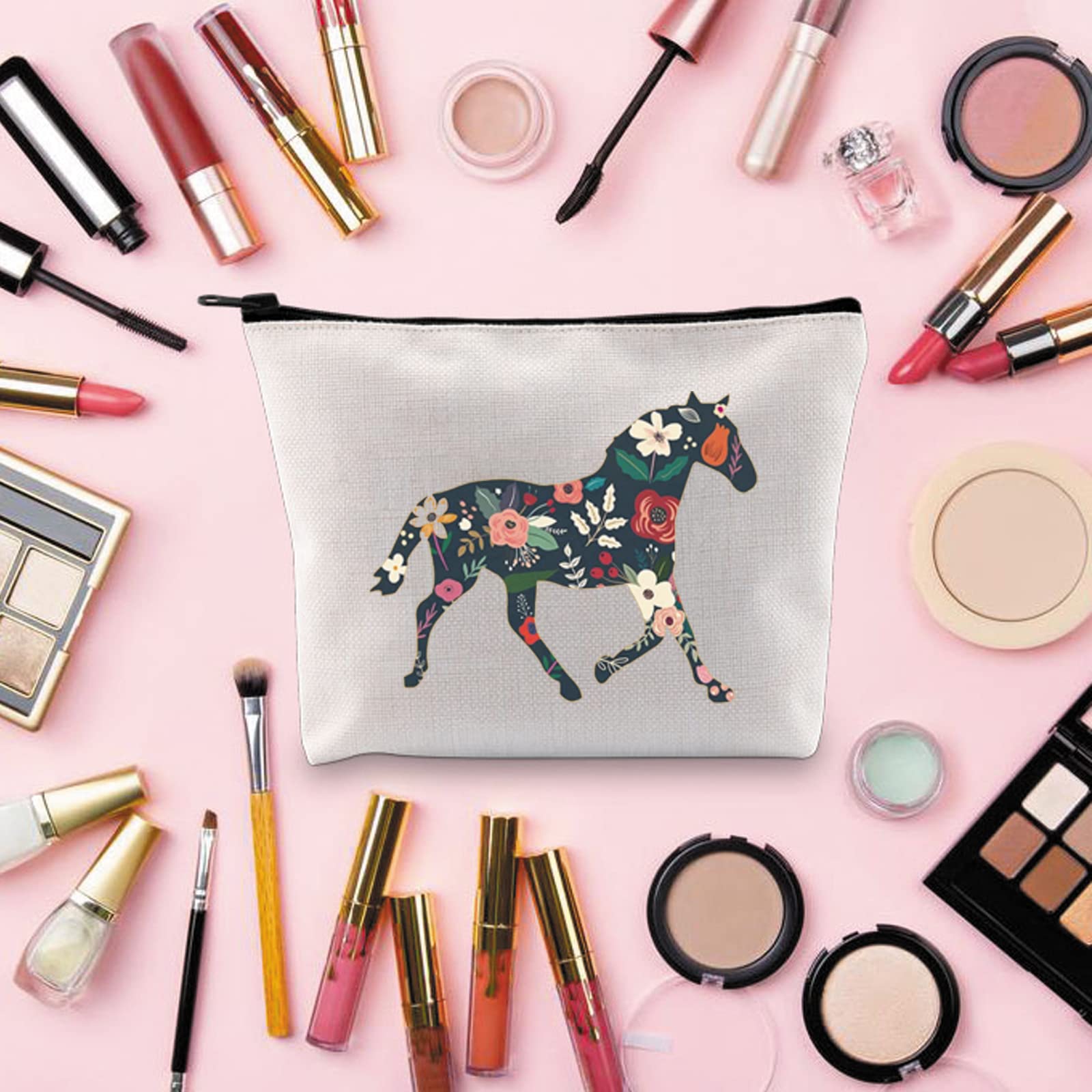 Equestrian Makeup Bag for Women - Floral Horse Design Cosmetic Pouch, Perfect Gift for Horse Lovers & Riders - Great for Travel, Gym & Equestrian Events