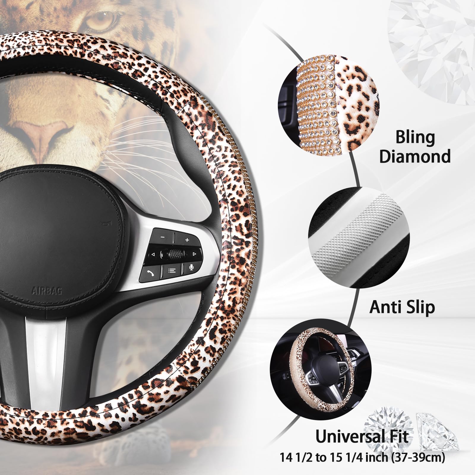 Stylish AUTOYOUTH Leopard Print Leather Steering Wheel Cover with Bling Crystal Rhinestones - Anti-Slip, Universal 15 Inch Fit for Cars, SUVs, Trucks (Black/Silver) - Perfect Gift for Women & Girls, Enhances Driving Comfort & Vehicle Interior Style