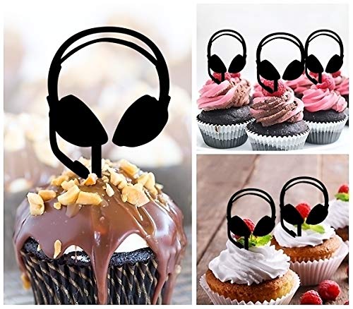 Premium DJ Headphones Silhouette Acrylic Cupcake Toppers - 10pcs Party Wedding Birthday Cake Decorations - Perfect for DJ-Themed Events, Music Celebrations & Dessert Displays
