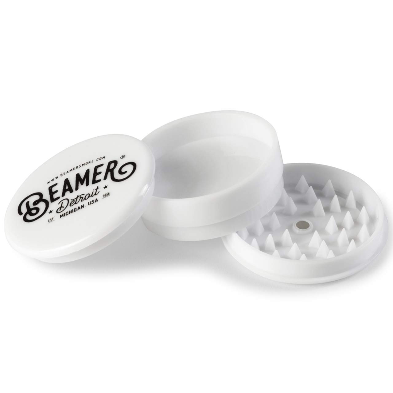 Beamer Detroit Logo 3-Piece 63mm Acrylic Herb Grinder - Opaque White with Free Smoke Sticker | Perfect for Grinding Herbs, Spices & Tobacco | Great for Home Use, Travel & Gifts
