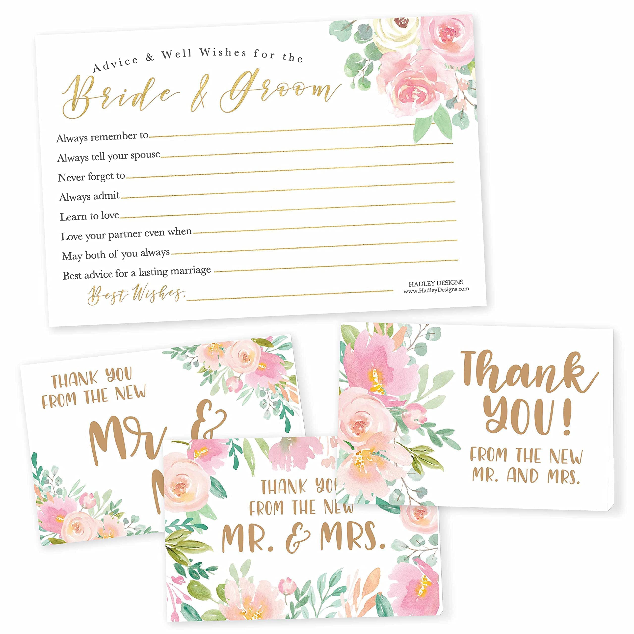 Hadley Designs - 50 Floral Wedding Advice & Well Wishes Cards with 24 Thank You Cards | Alternative Wedding Guest Book & Bridal Shower Games | Perfect for Wedding Guest Books, Bridal Showers & Reception Activities