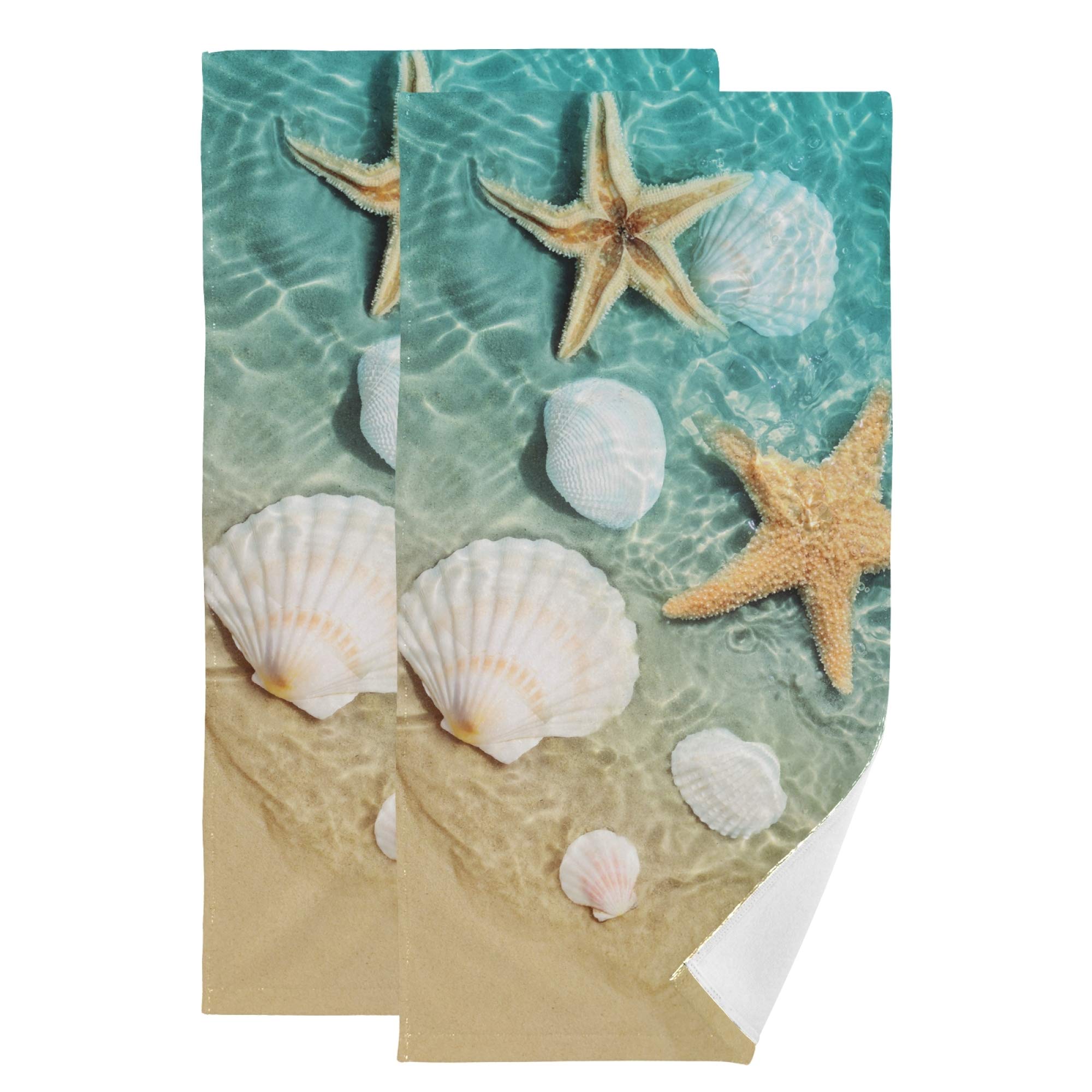 KLL Soft Bathroom Hand Towels Set of 2 - 14x28 Inch Starfish & Seashell Beach Themed Towels for Hand, Face, Hair | Absorbent & Decorative for Kitchen, Bathroom & Tea Time | Summer Beach House Decor