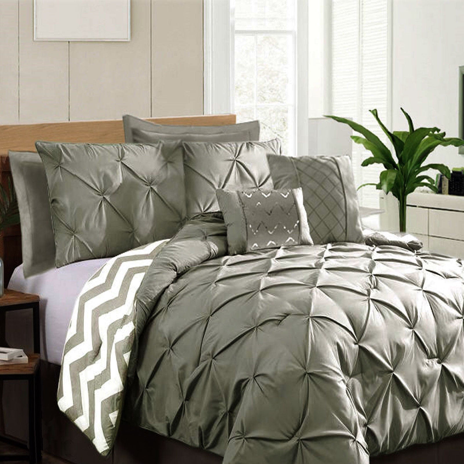 7-Piece Pinch Pleat Comforter Set - King Size Grey Luxury Bedding for Master Bedroom & Guest Room