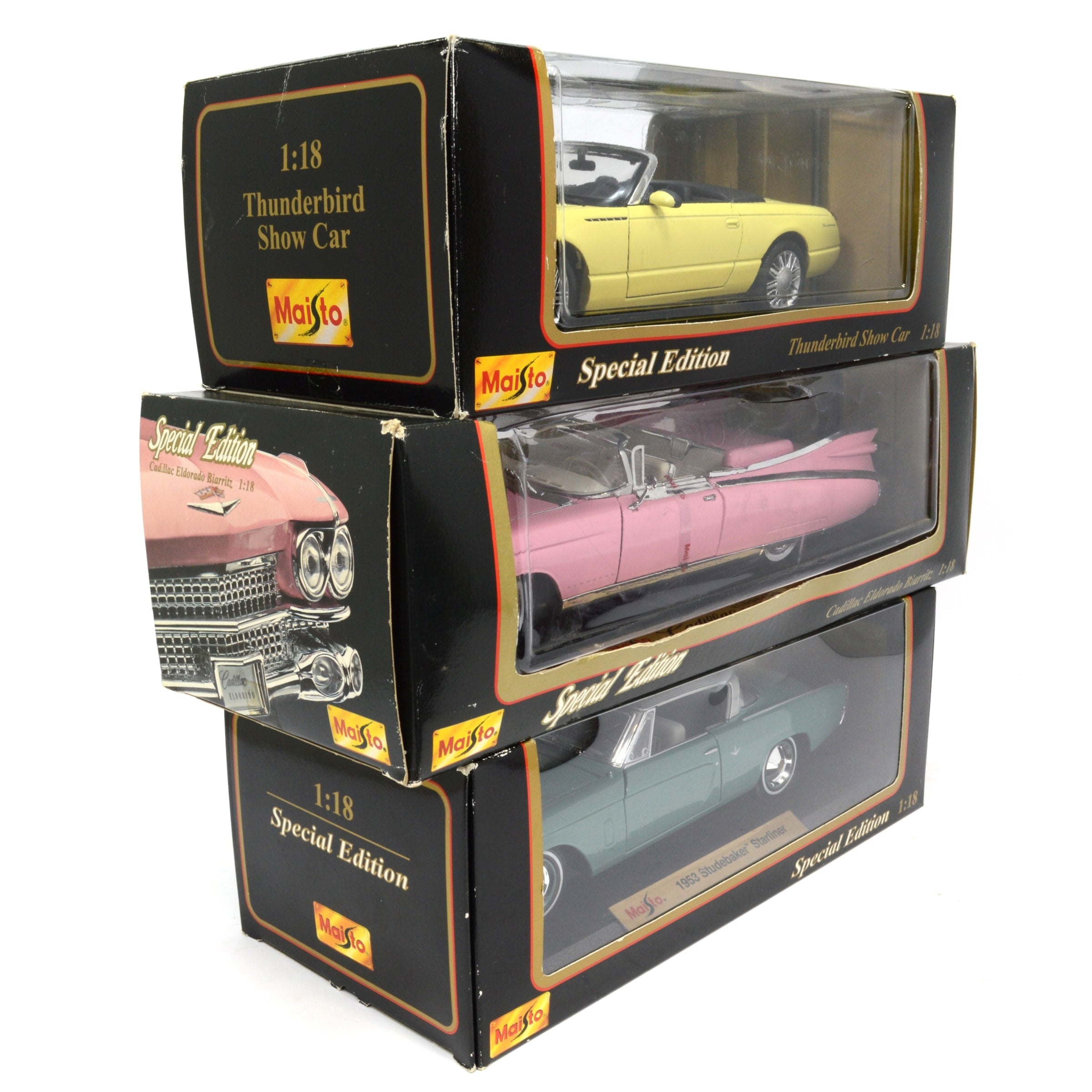 3-Pack Maisto 1:18 Scale Diecast Model Cars - Pink Cadillac, Studebaker & Thunderbird - Collectible Display Models for Car Enthusiasts & Home Decor