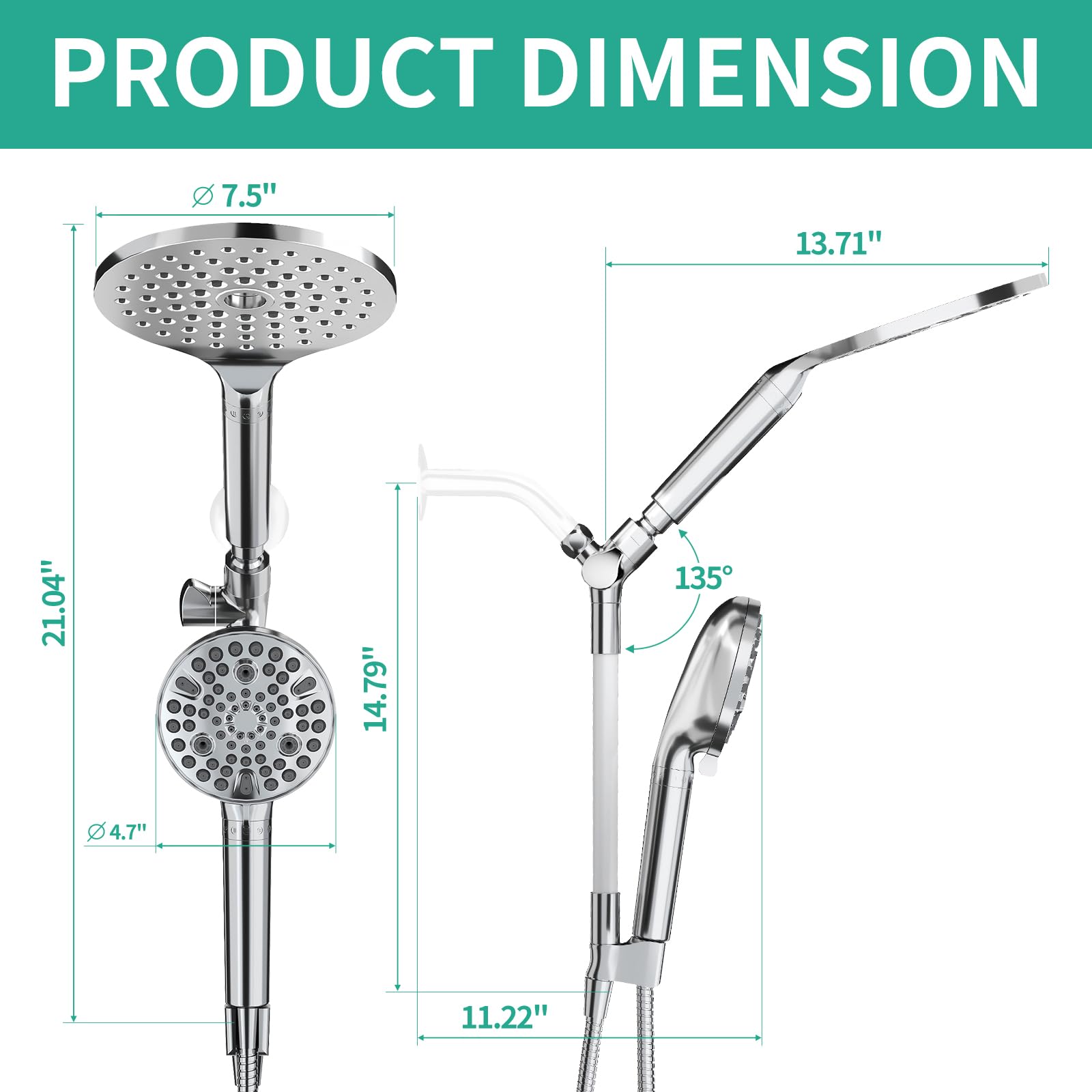 HEROBAI High Pressure Rainfall Shower Head with Handheld Spray Combo - Dual Filtered Shower System with Adjustable Arm & 6ft Hose (Chrome) for Spa-Like Bathroom Relaxation & Water Saving