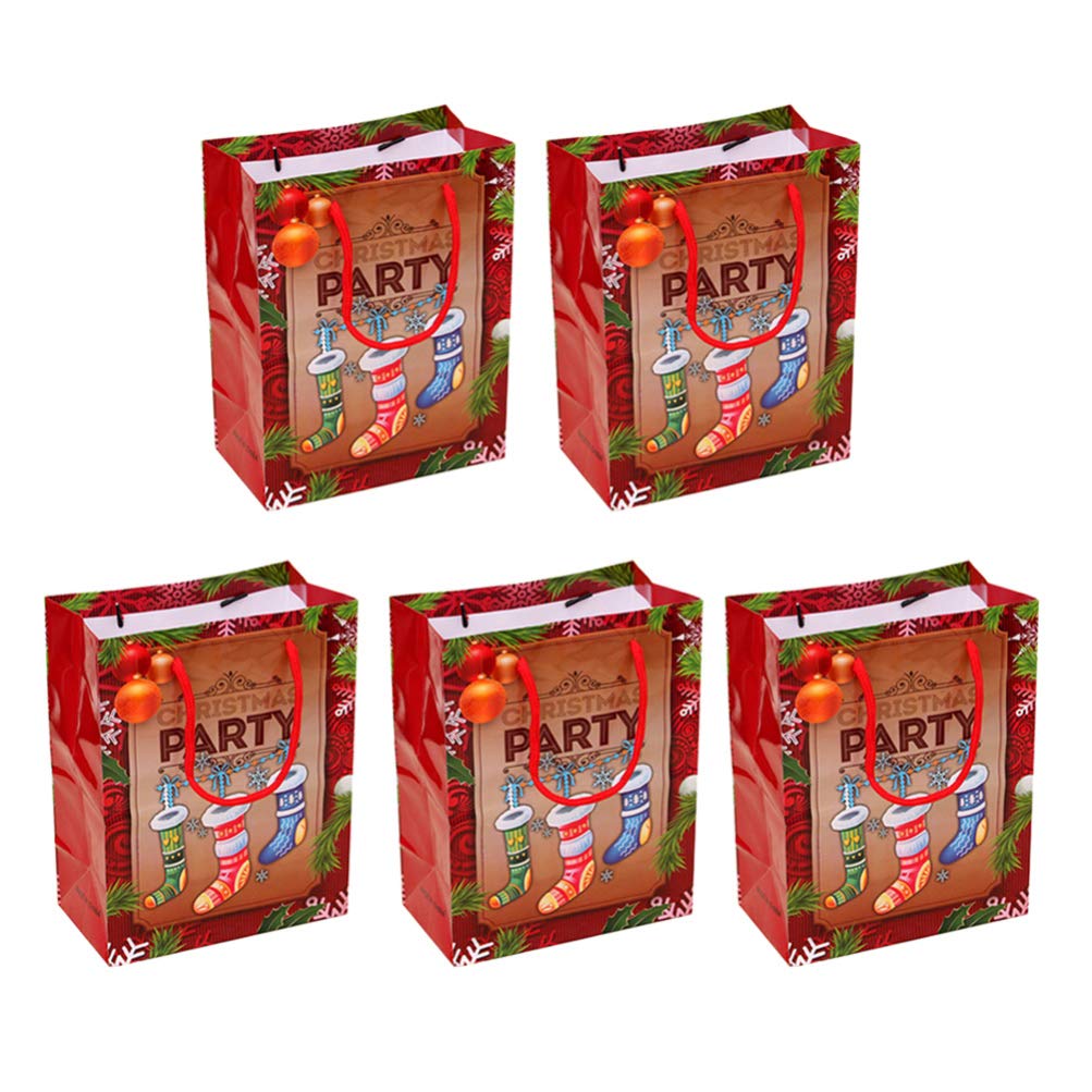DOITOOL 5-Pack Christmas Kraft Gift Bags with Handles - Holiday Party Favor Bags, Xmas Shopping Bags, Goodie Bags (Festive Sock Design) - Perfect for Christmas Gifts, Office Party Favors & Holiday Gift Exchanges
