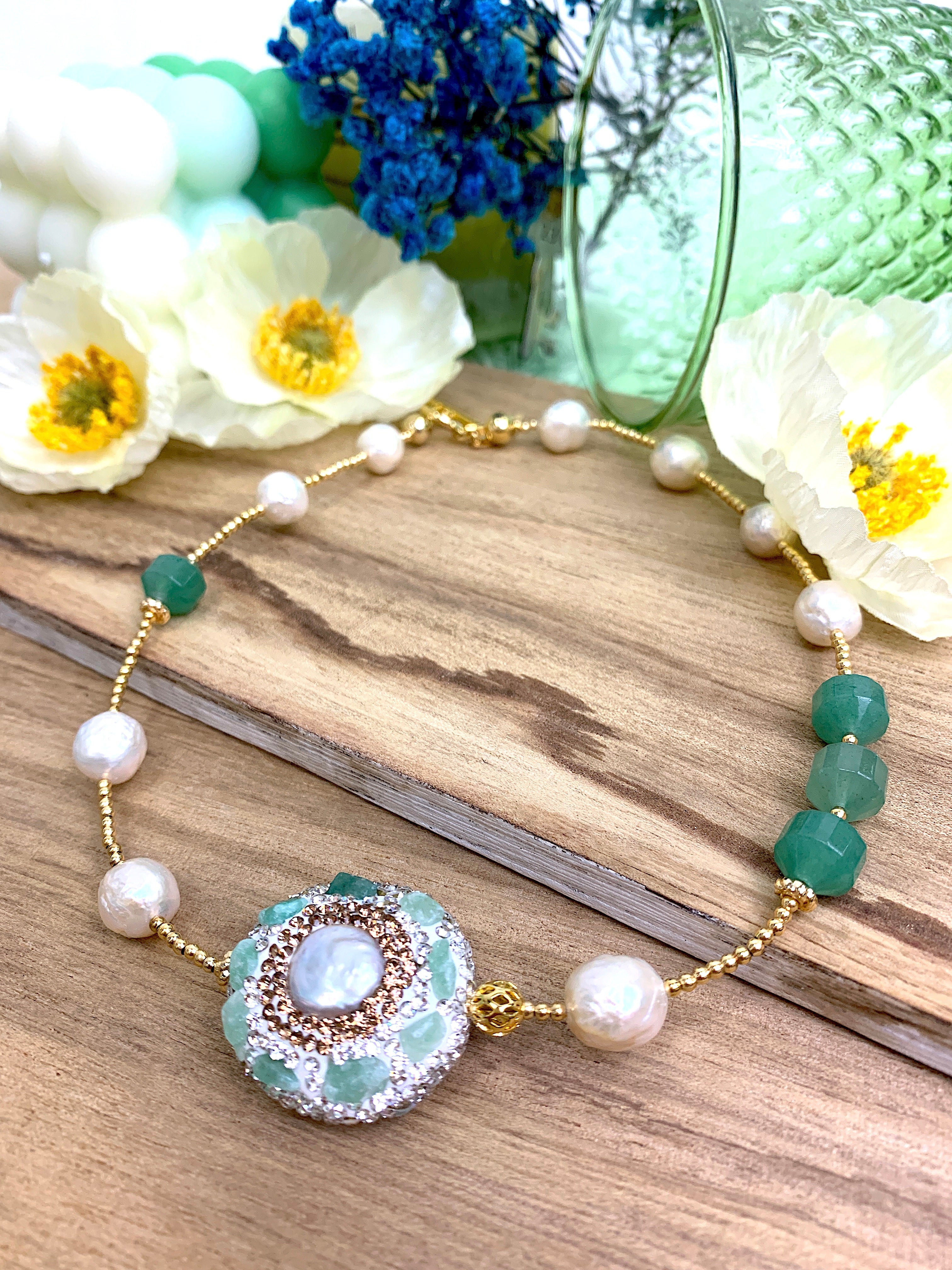 Elegant Freshwater Pearl & Aventurine Rhinestone Double Wrap Bracelet HB002 | Perfect for Weddings, Parties & Everyday Wear