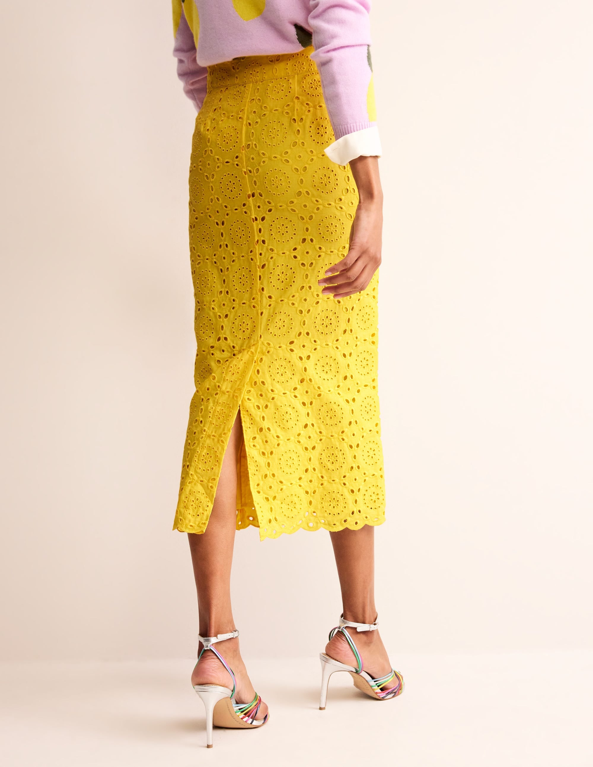 Vibrant Yellow Broderie Column Skirt - Elegant Floral Embroidered Midi Skirt for Women | Perfect for Summer Outfits, Beach Vacations & Boho Chic Style