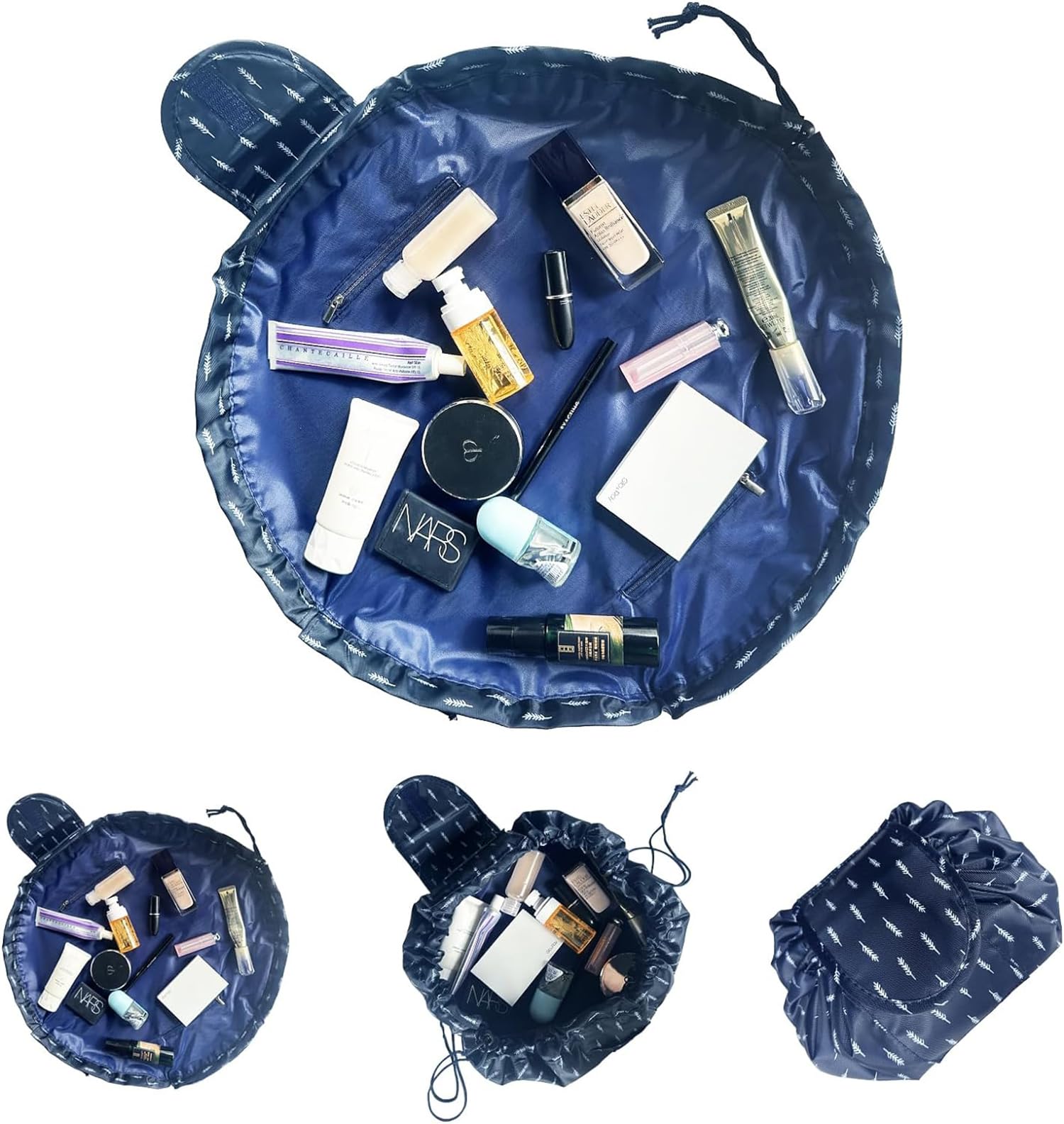 House of Quirk Multifunctional Drawstring Makeup Pouch - Cosmetic & Toiletry Organizer Bag for Women (Dark Blue Leaf) - Perfect for Travel, Gym & Daily Essentials Storage