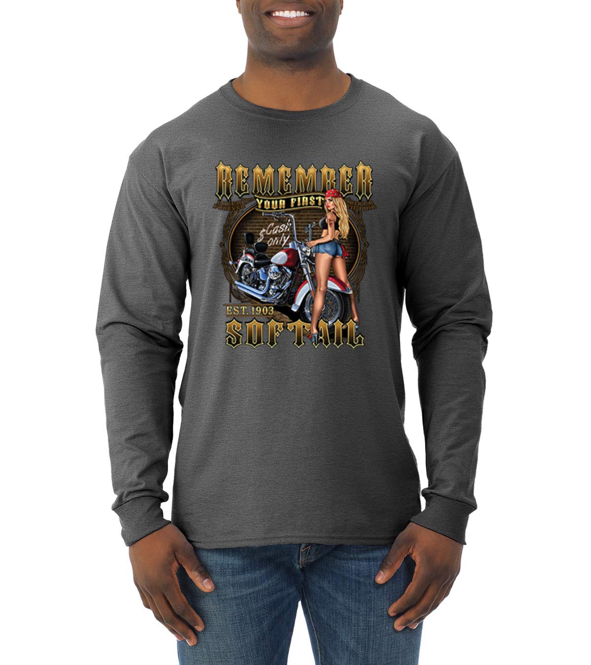 Men's Soft Tail Bike & Hot Babe Cars Trucks Graphic Long Sleeve Shirt - Motorcycle Enthusiast Apparel for Riding & Casual Wear