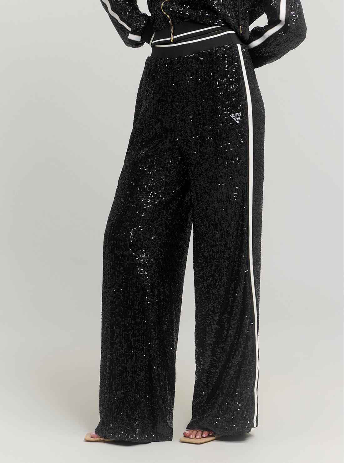 Black Sequin Wide Leg Pants for Women - High Waisted Stretchy Mini Flare Trousers - Perfect for Parties, Night Out & Special Occasions
