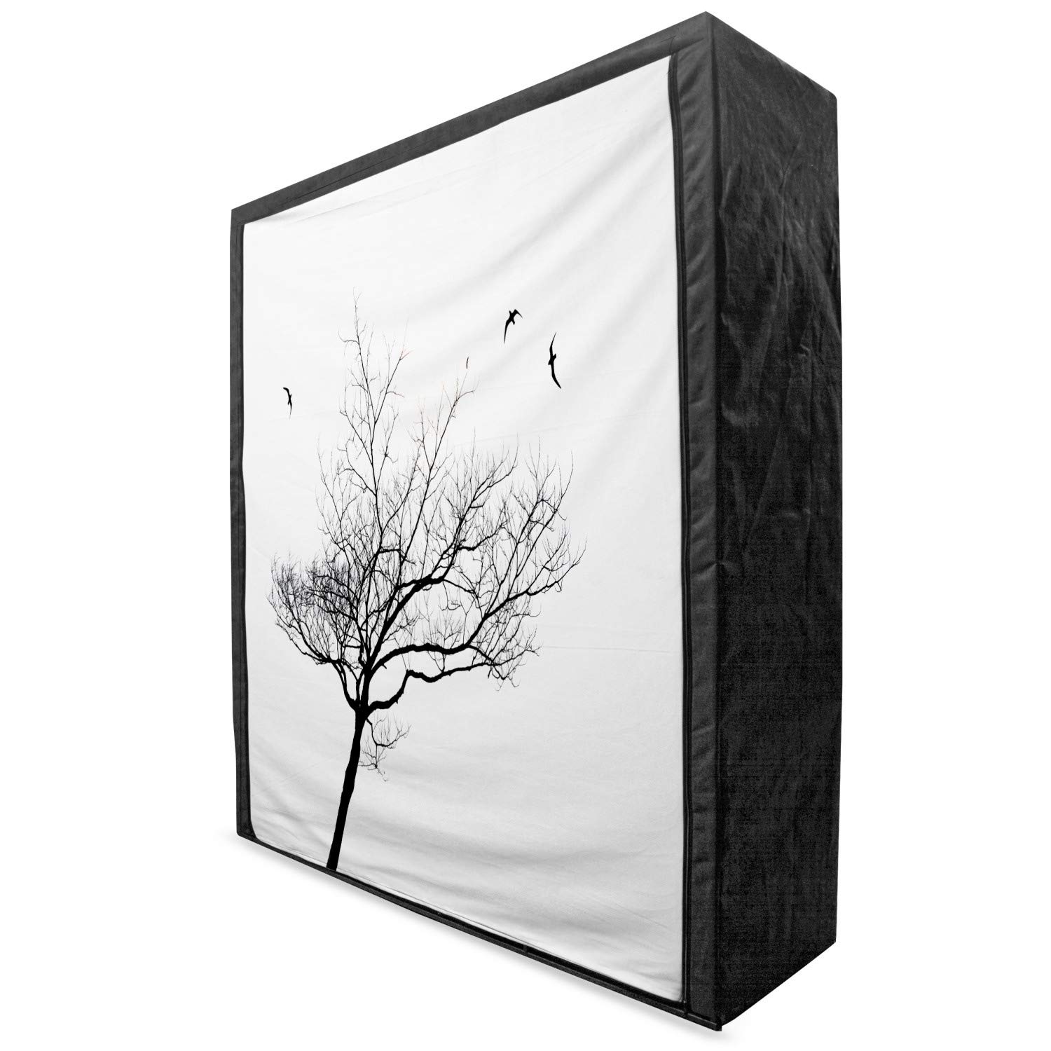 Ambesonne Black and White Portable Fabric Wardrobe with Tree Silhouette & Flying Birds - Minimalist Clothing Organizer with Shelves, 59 Inch Storage Closet - Perfect for Bedroom, Dorm, or Small Space Organization