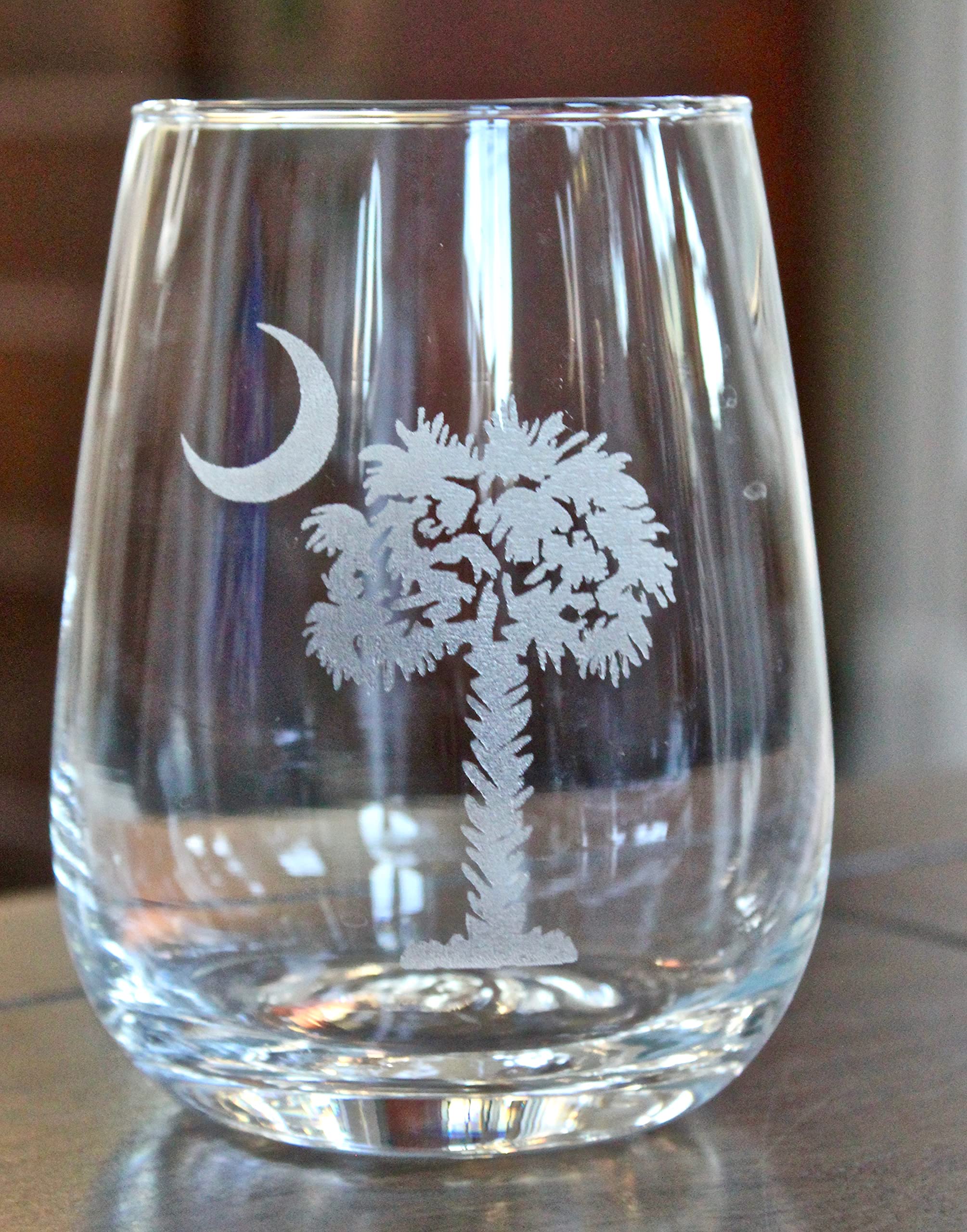 Palmetto and Moon - Set of 2 Stemless Wine Glasses with Laser Engraved Design - Perfect for Wedding Gifts, Anniversary Presents & Home Entertaining