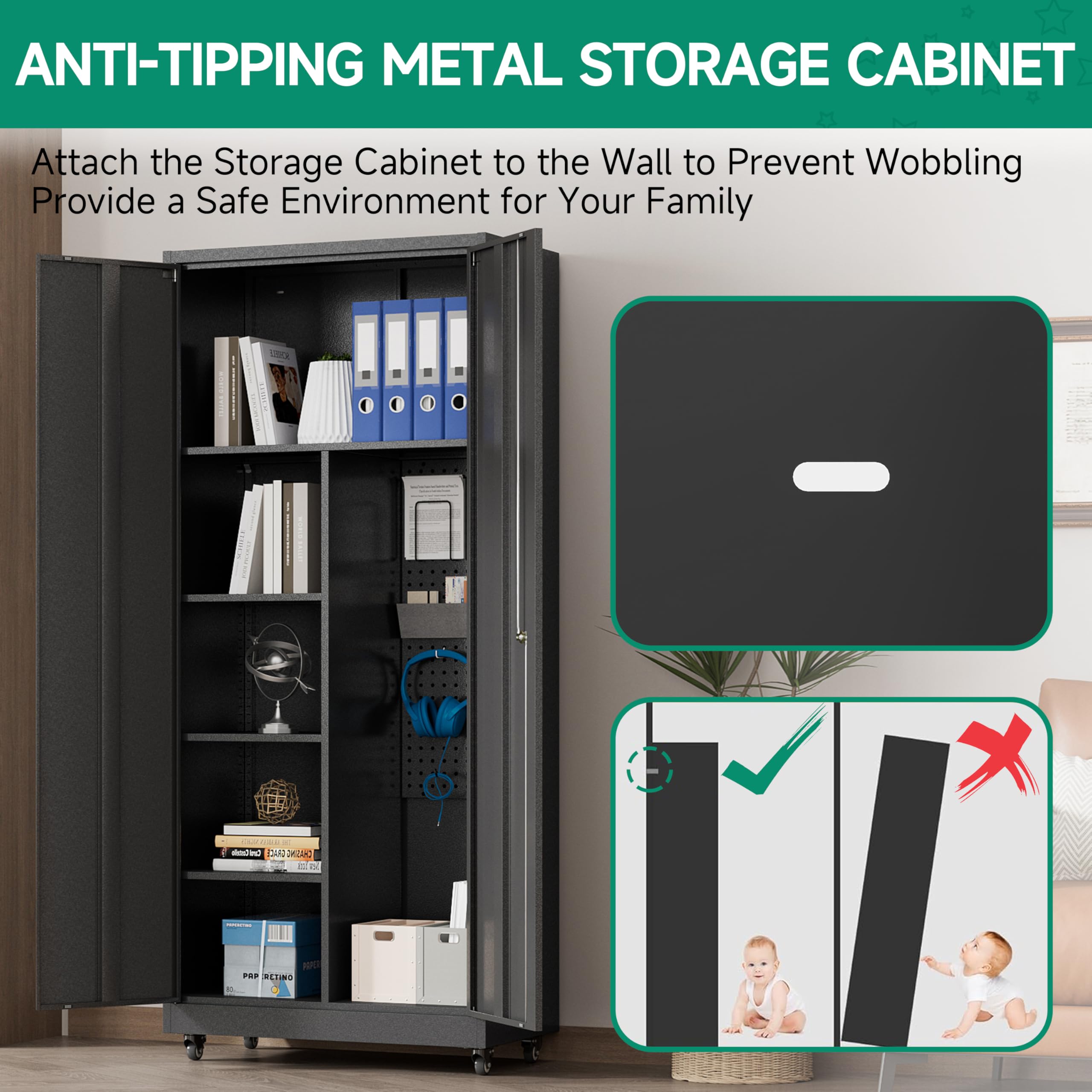 Heavy-Duty Metal Garage Storage Cabinet with Wheels - Rolling Tool Storage Cabinet with Lock & Adjustable Shelves - Steel Locking Cabinet for Office, Home, Garage & Workshop (Black) | Perfect for Organizing Tools, Equipment & Supplies in Any Workspace